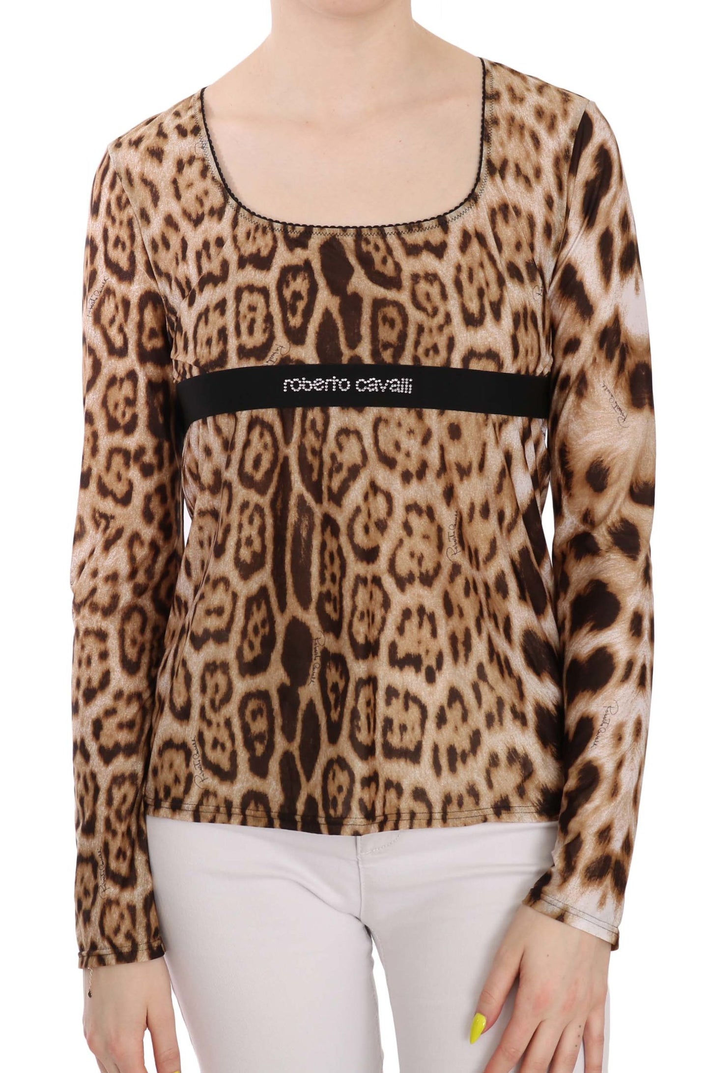 Brauner Rundhalsausschnitt Leopard Damen Top Bluse