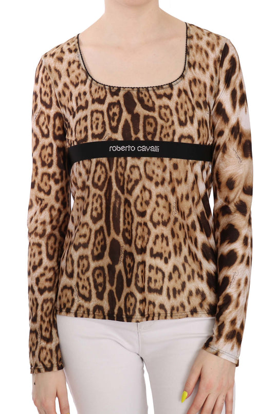 Brauner Rundhalsausschnitt Leopard Damen Top Bluse