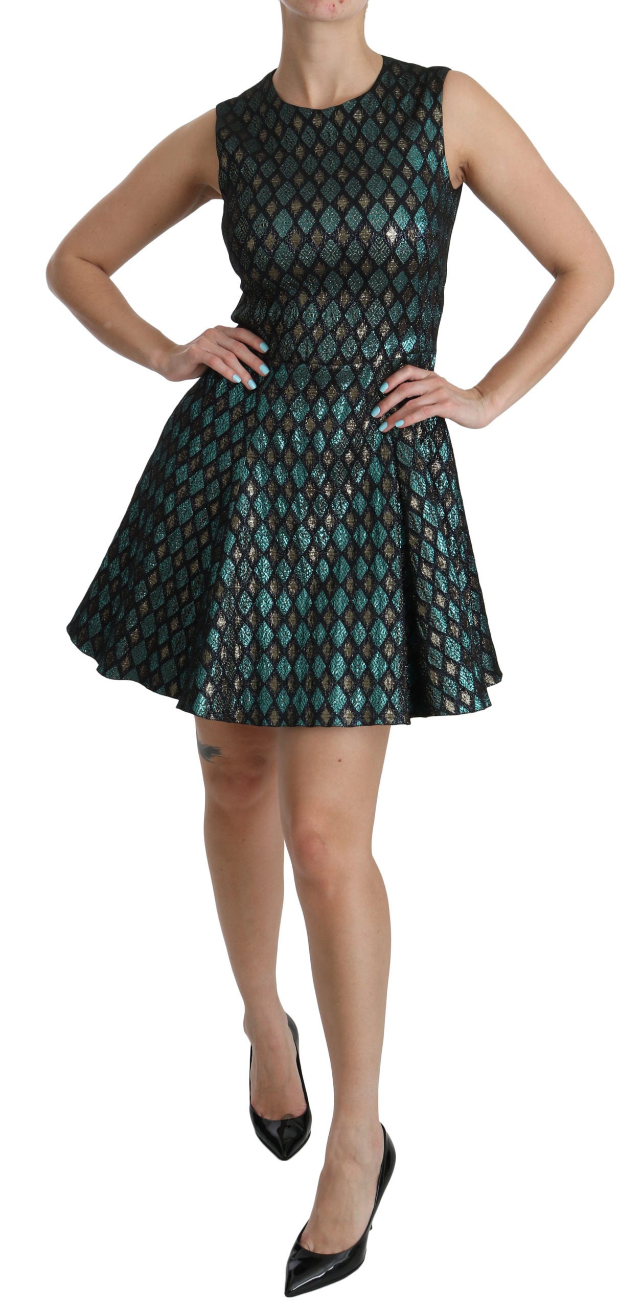 Blau Gold A-Linie Shift Kleid Frauen Kleid