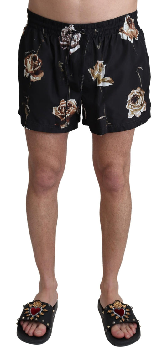Schwarze Rose Print Beachwear Shorts Bademode