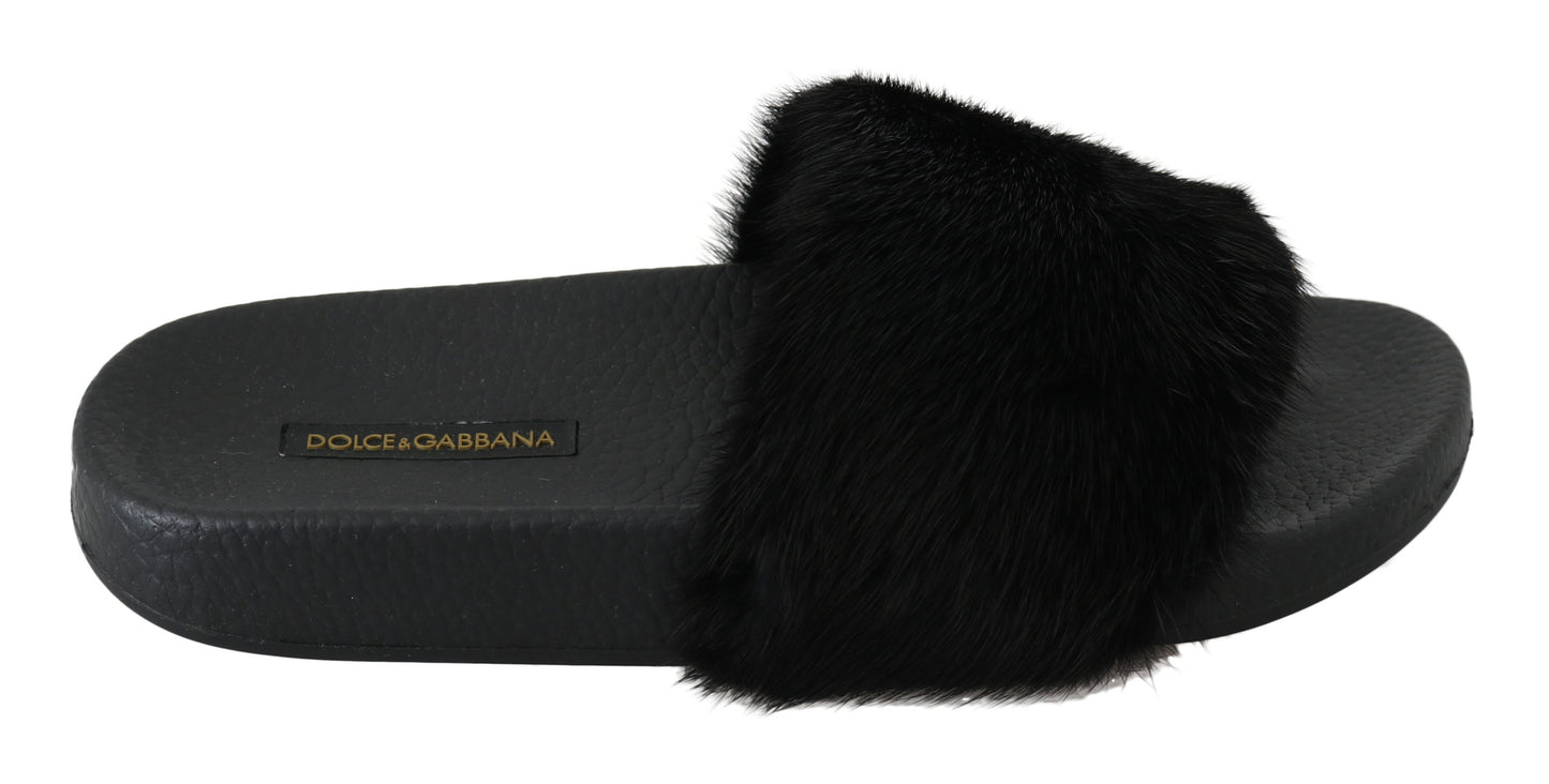 Schwarzer Nerz Pelz Slides Flats Schuhe