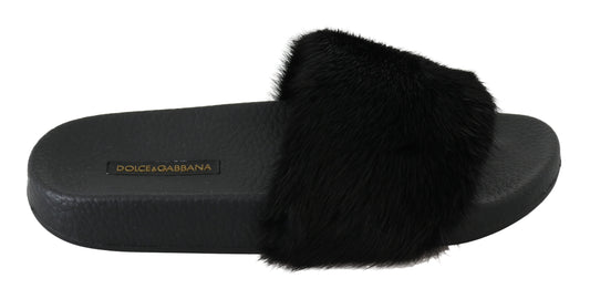 Schwarzer Nerz Pelz Slides Flats Schuhe