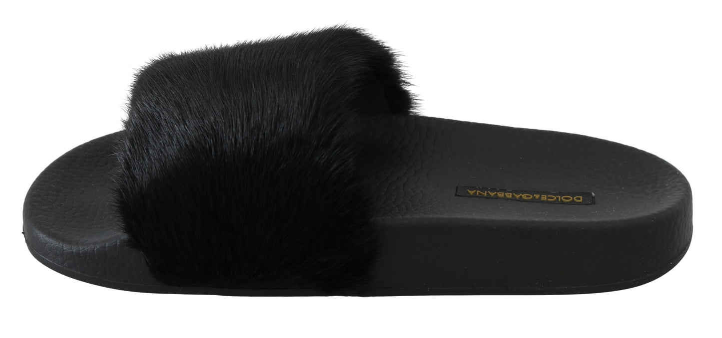 Schwarzer Nerz Pelz Slides Flats Schuhe