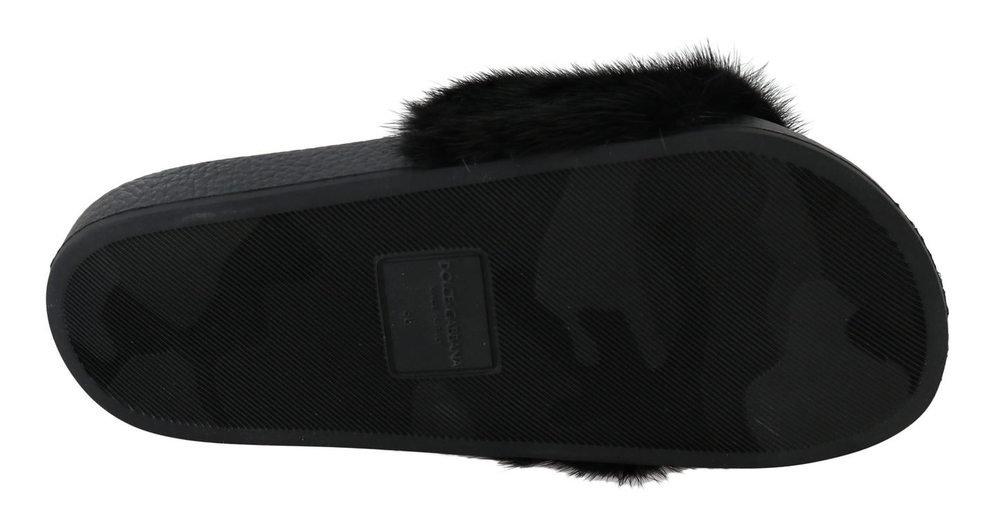 Schwarzer Nerz Pelz Slides Flats Schuhe