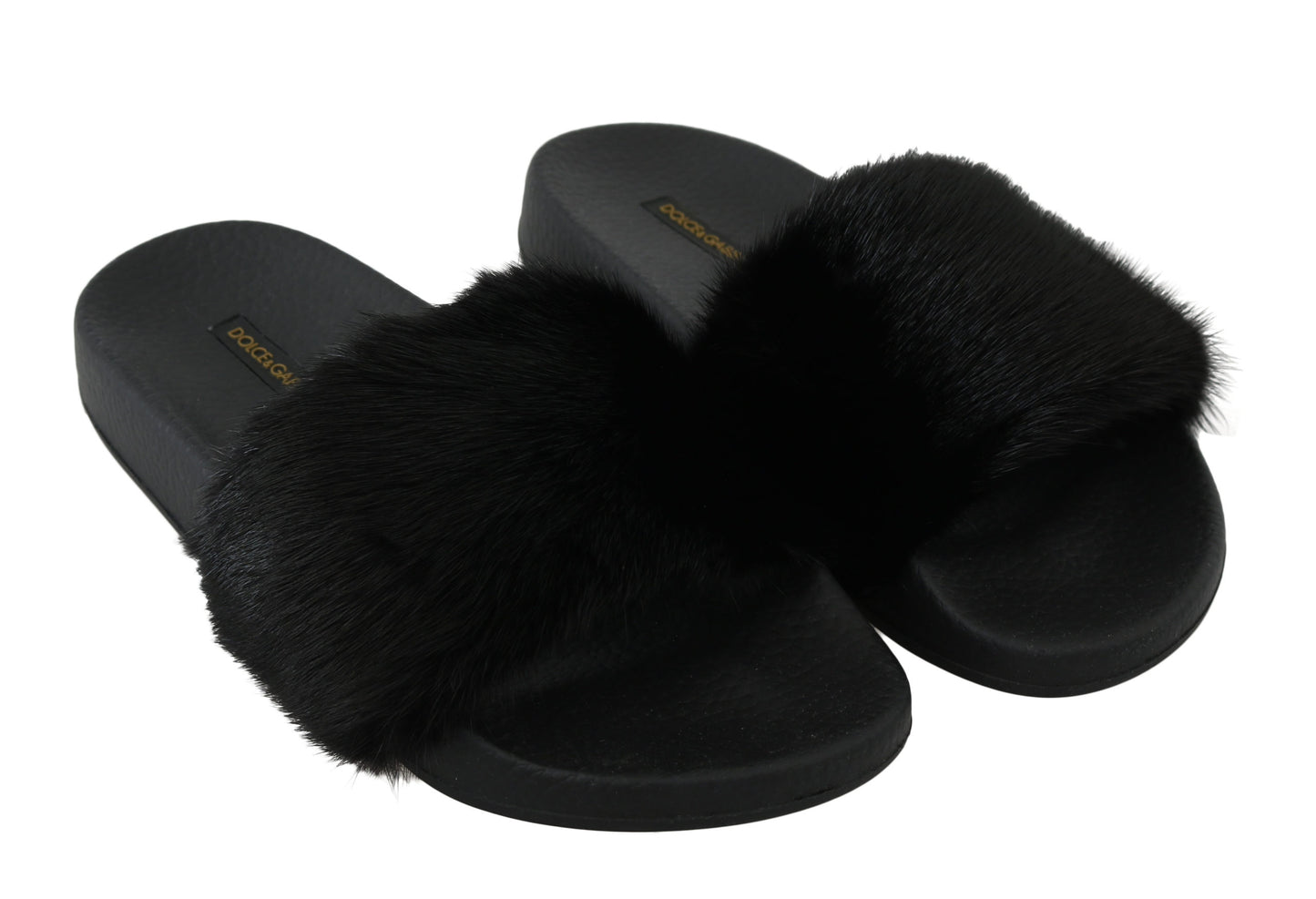 Schwarzer Nerz Pelz Slides Flats Schuhe