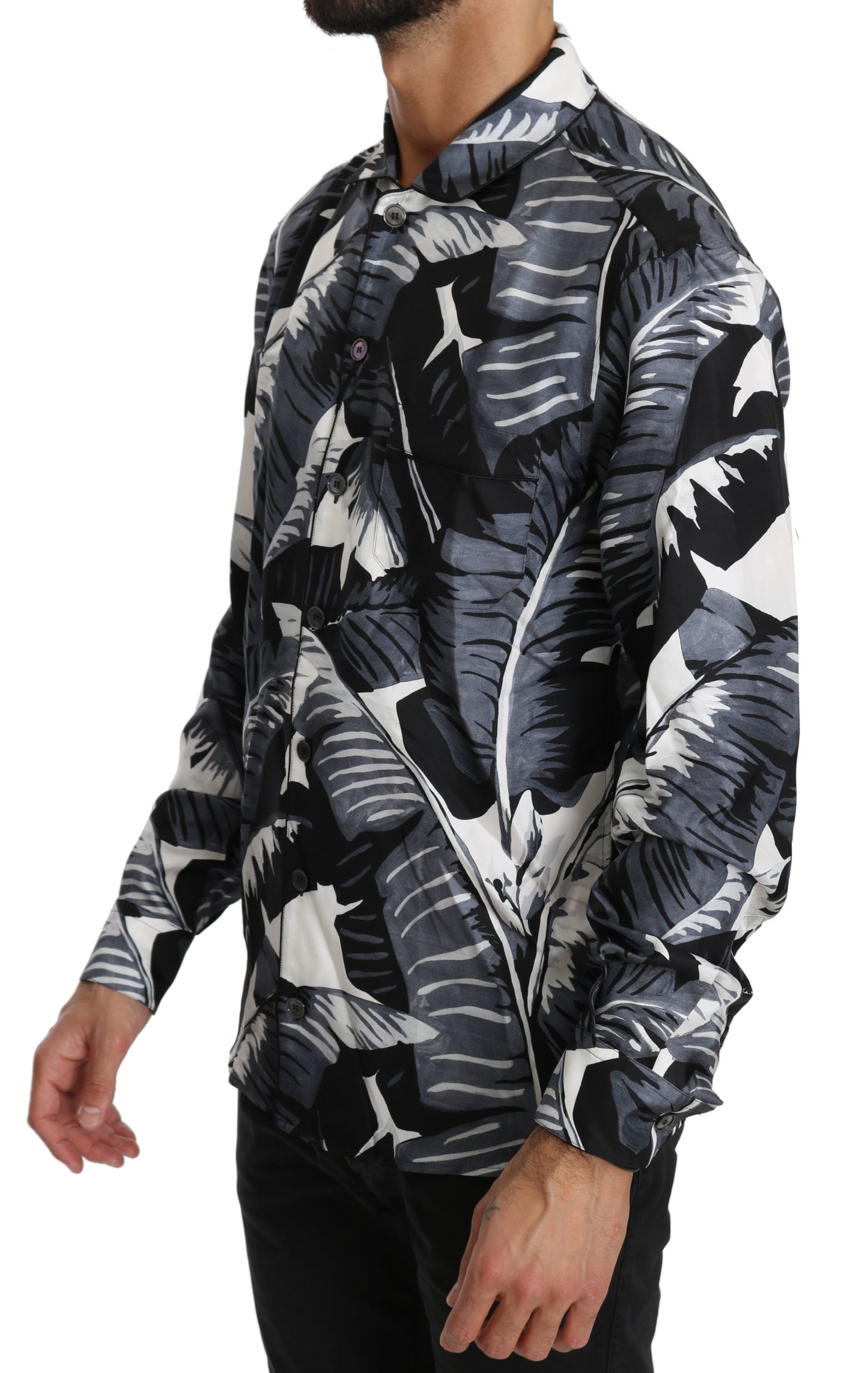 Schwarzes Bananenblätter-Hemd aus 100% Seide