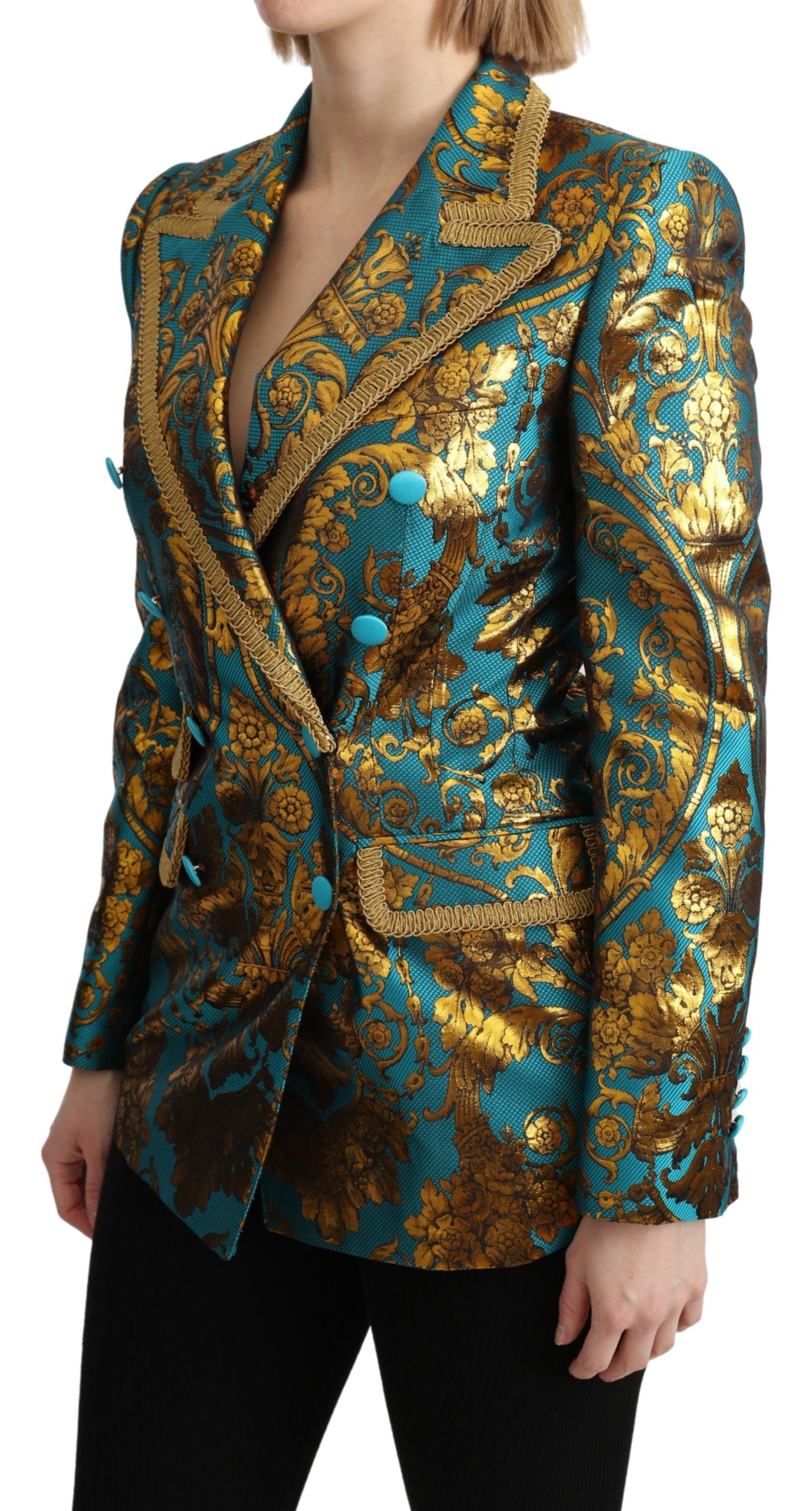 Blau Gold Jacquard Mantel Blazer Jacke