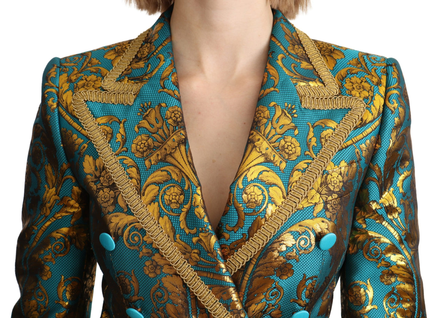 Blau Gold Jacquard Mantel Blazer Jacke
