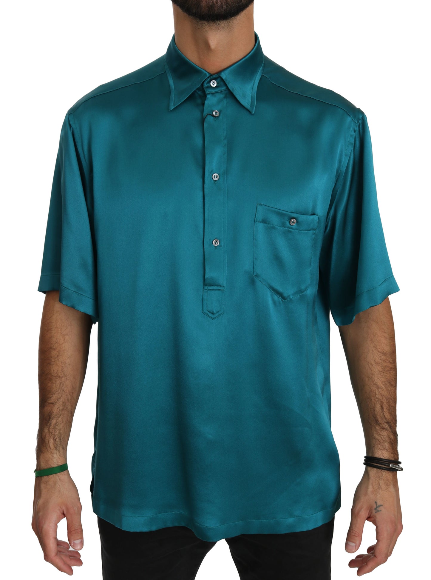 Blaues Kurzarmhemd aus 100% Seide