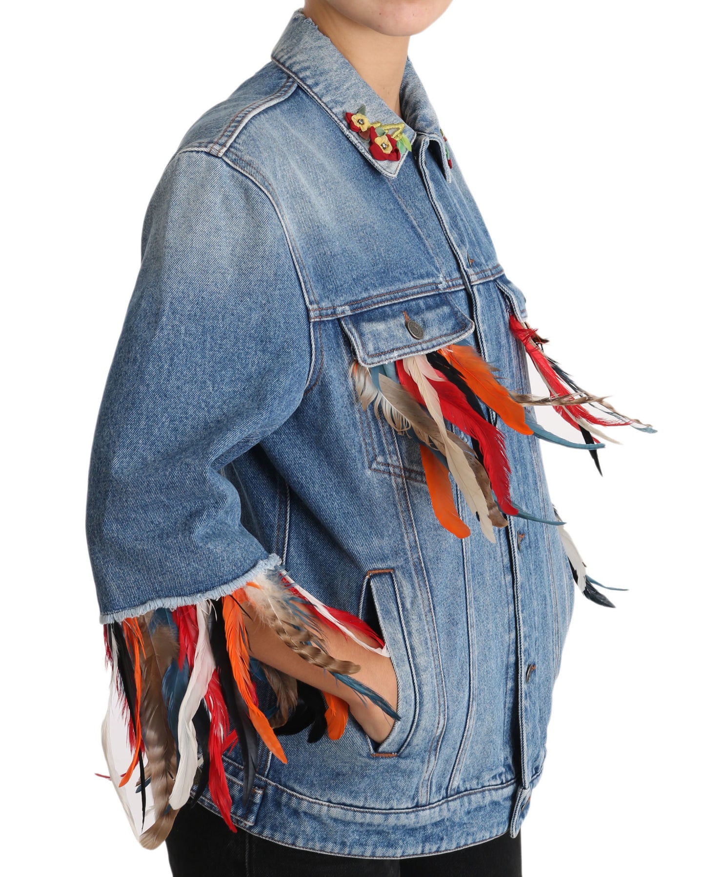 DENIM Blaue Jeans Jacke mit Federblüten