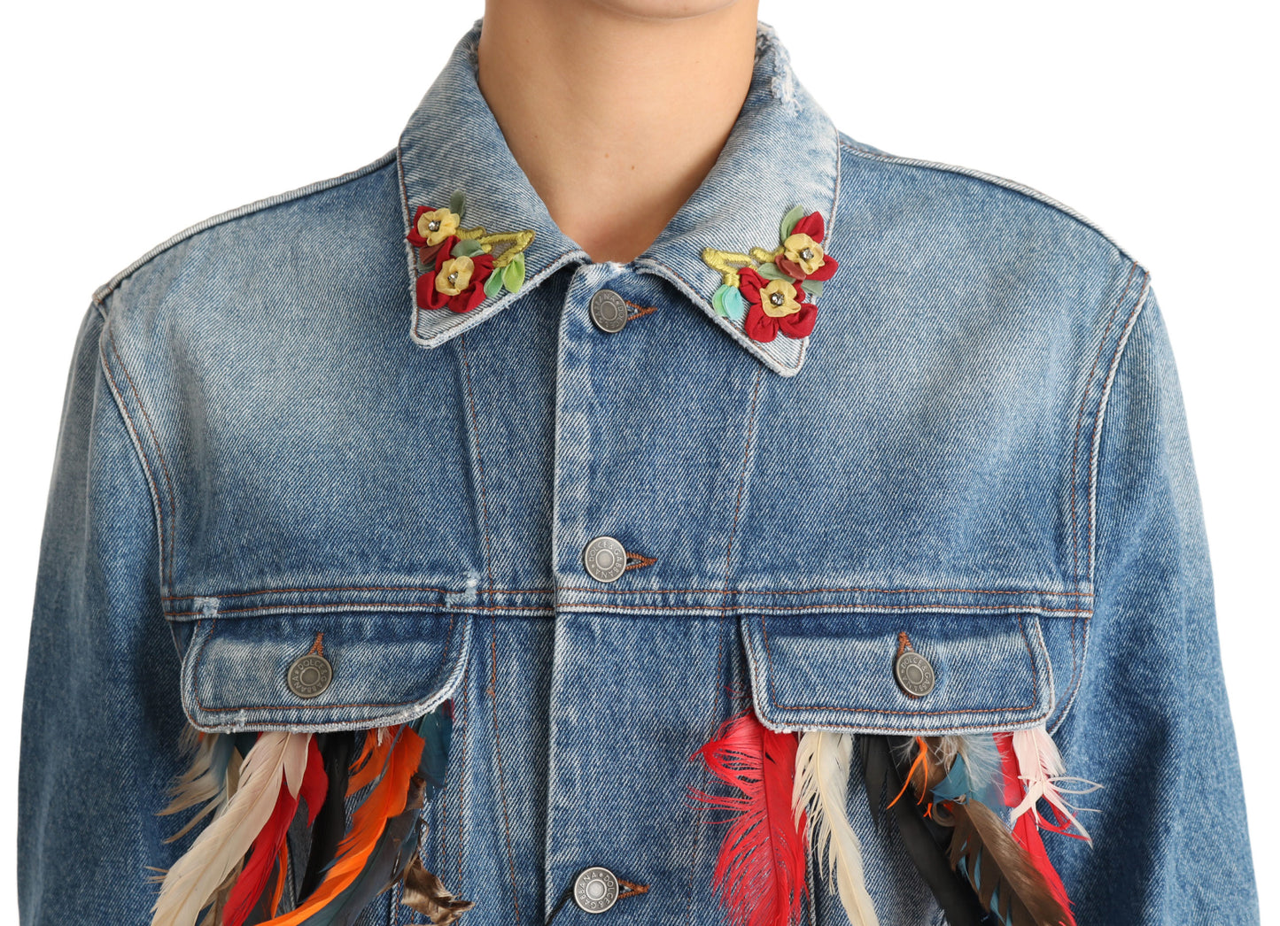 DENIM Blaue Jeans Jacke mit Federblüten