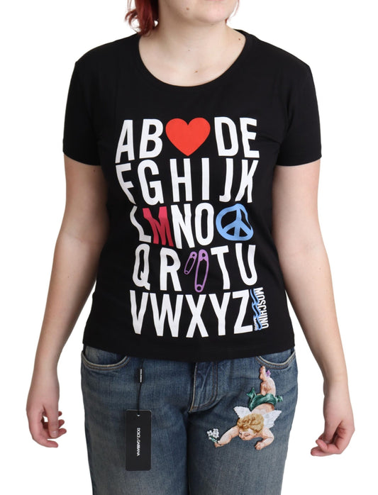 Schwarzes Baumwoll-T-Shirt mit Alphabet-Buchstaben-Druck