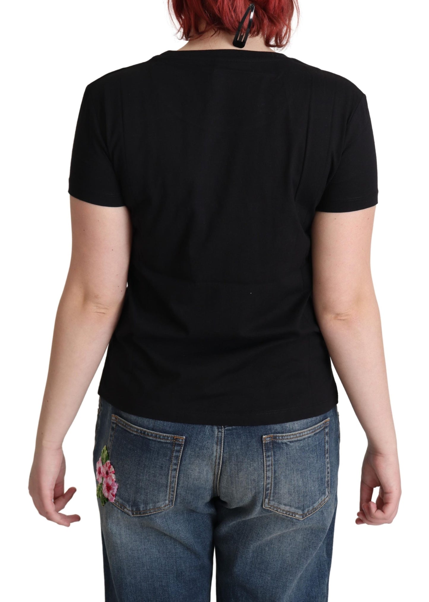 Schwarzes Baumwoll-T-Shirt mit Alphabet-Buchstaben-Druck