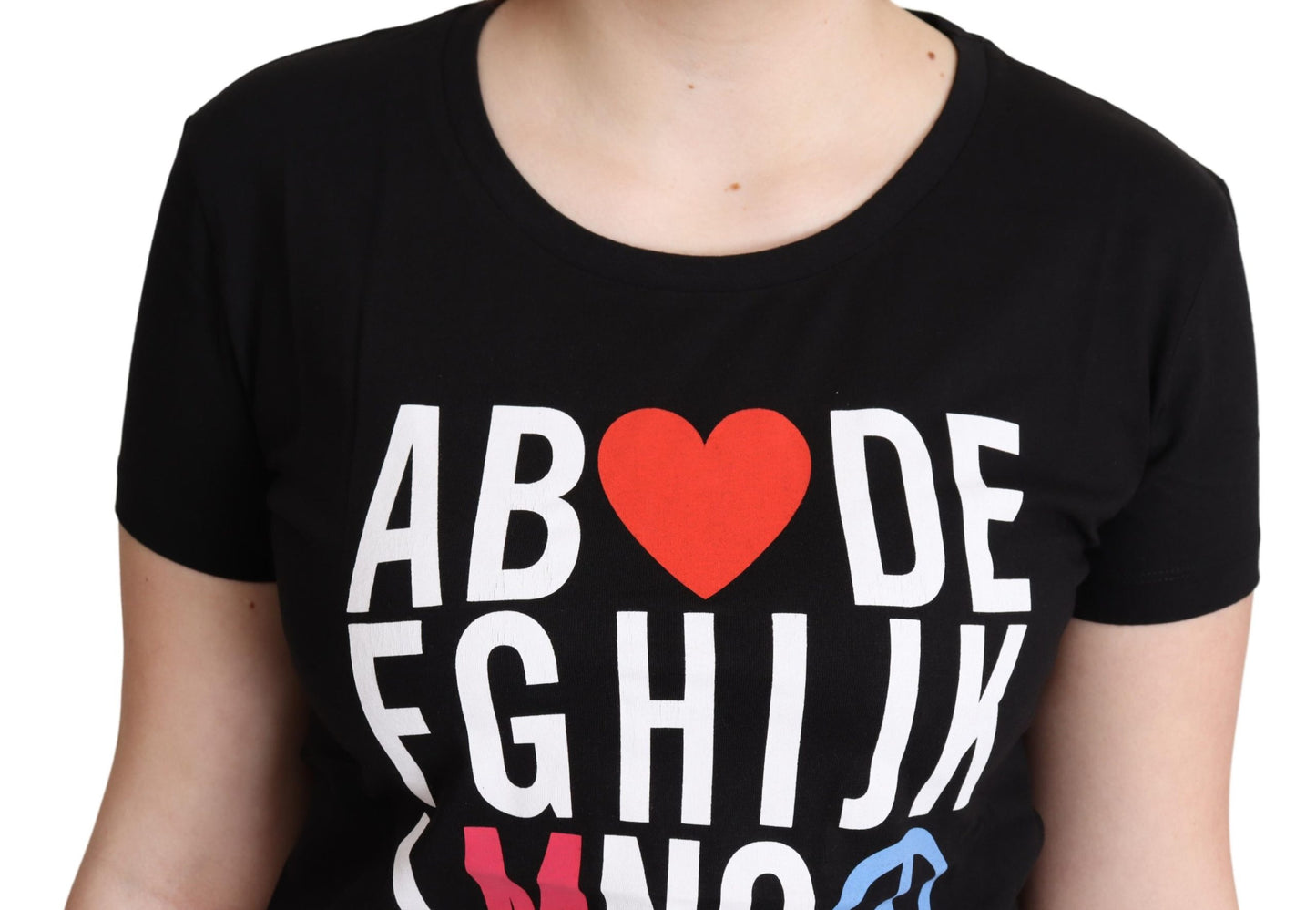 Schwarzes Baumwoll-T-Shirt mit Alphabet-Buchstaben-Druck