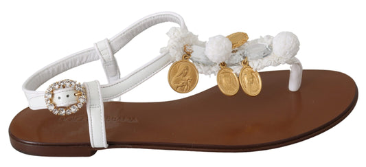 Weißes Leder Münzen Flip Flops Sandalen Schuhe