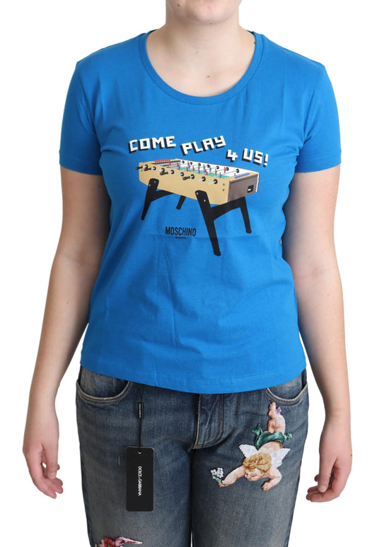 Blaues Baumwoll-T-Shirt Come Play 4 Us Print