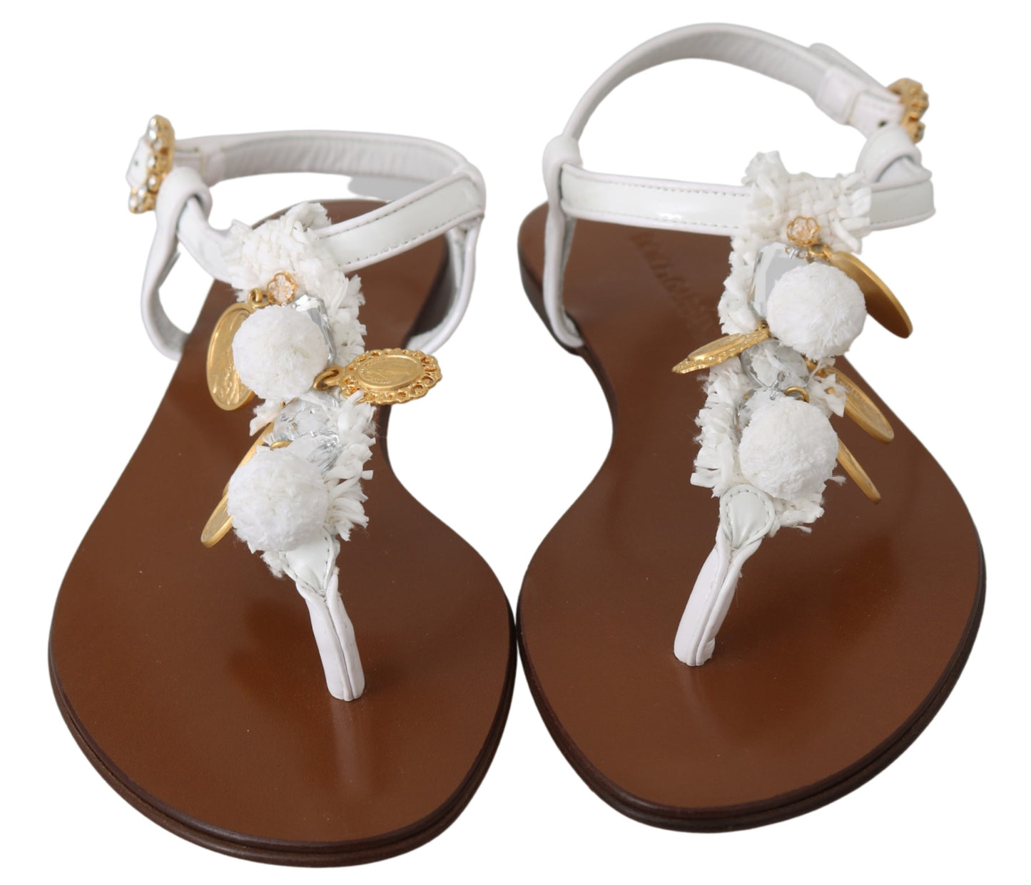 Weißes Leder Münzen Flip Flops Sandalen Schuhe