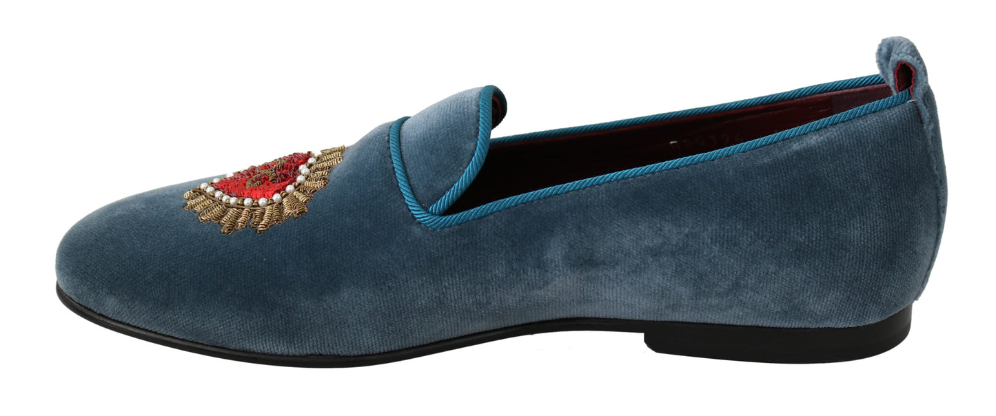 Blauer Samt Flats Herz Loafers Schuhe