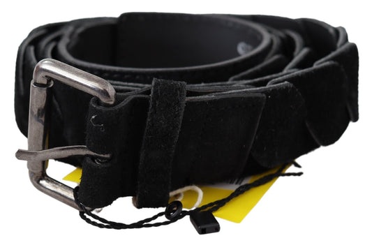 Schwarzer Leder-Twist-Samt Gürtel mit Silberschnalle