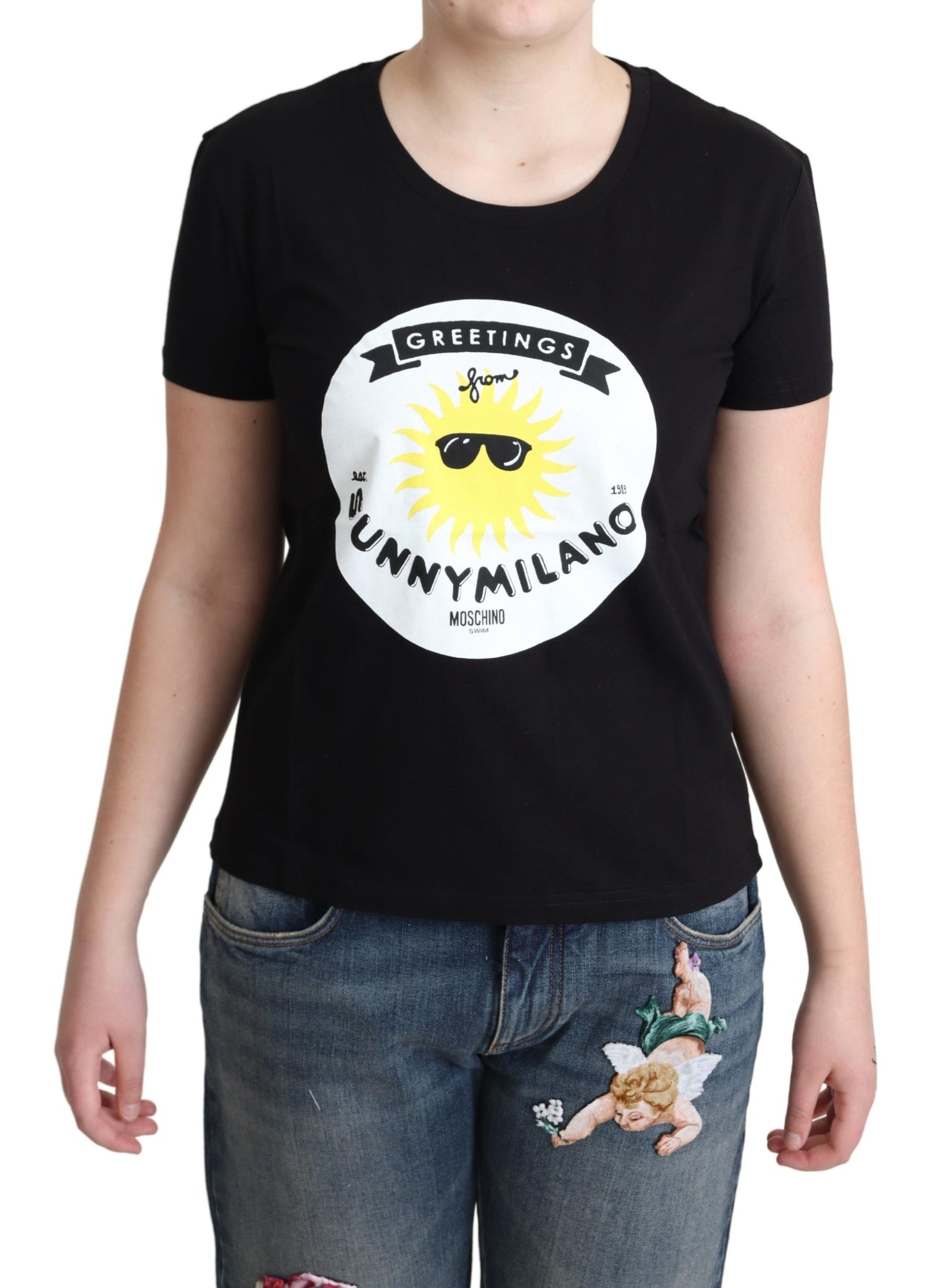 Schwarzes Baumwoll-T-Shirt mit Sunny Milano-Aufdruck