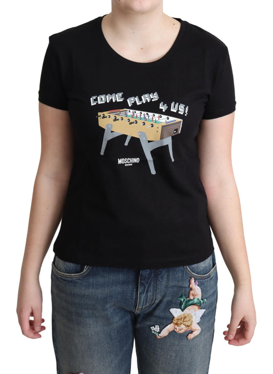 Schwarzes Baumwoll-T-Shirt Come Play 4 Us Print Tops