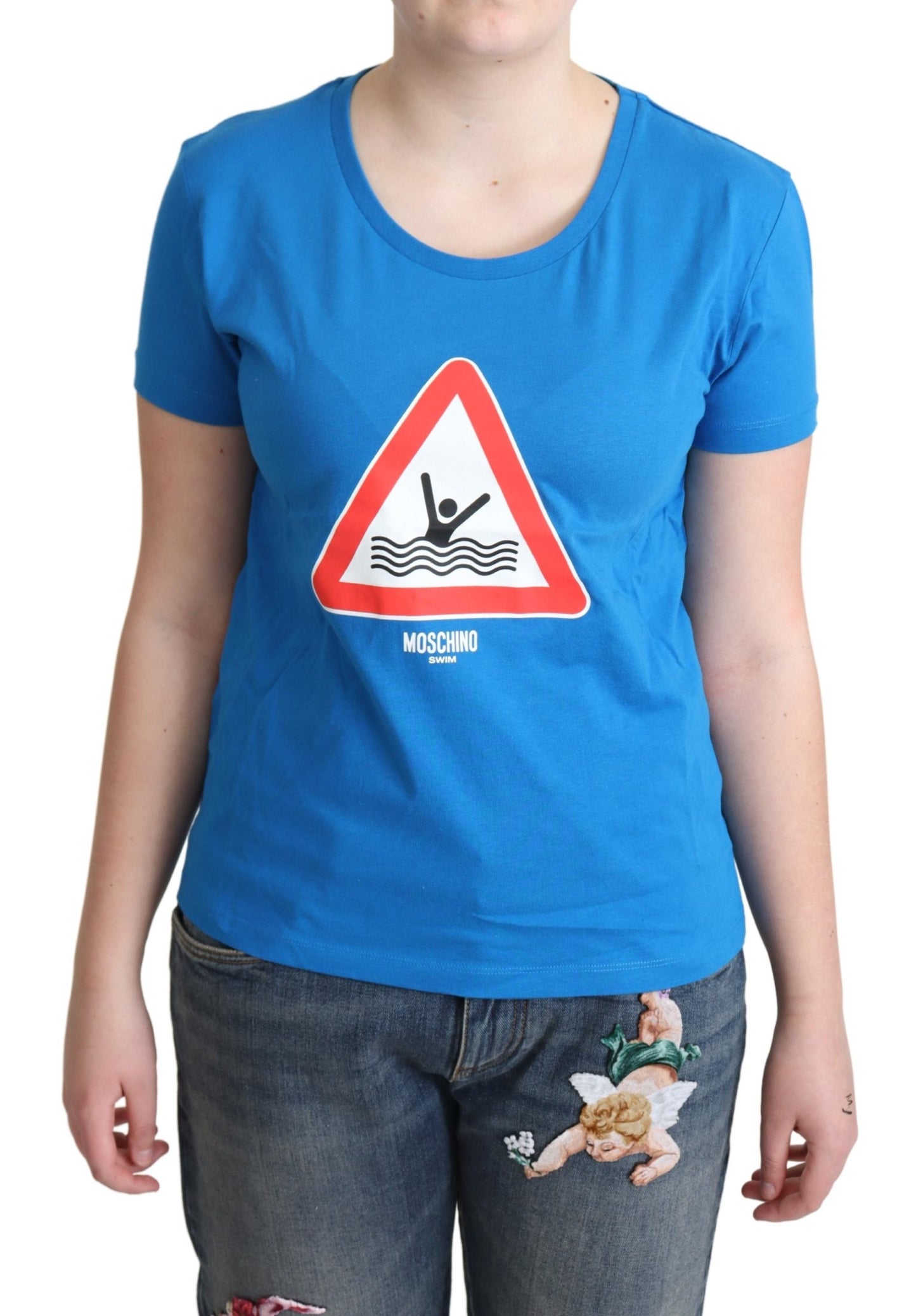 Blaues Triangel-T-Shirt mit grafischer Darstellung aus Baumwolle zum Schwimmen