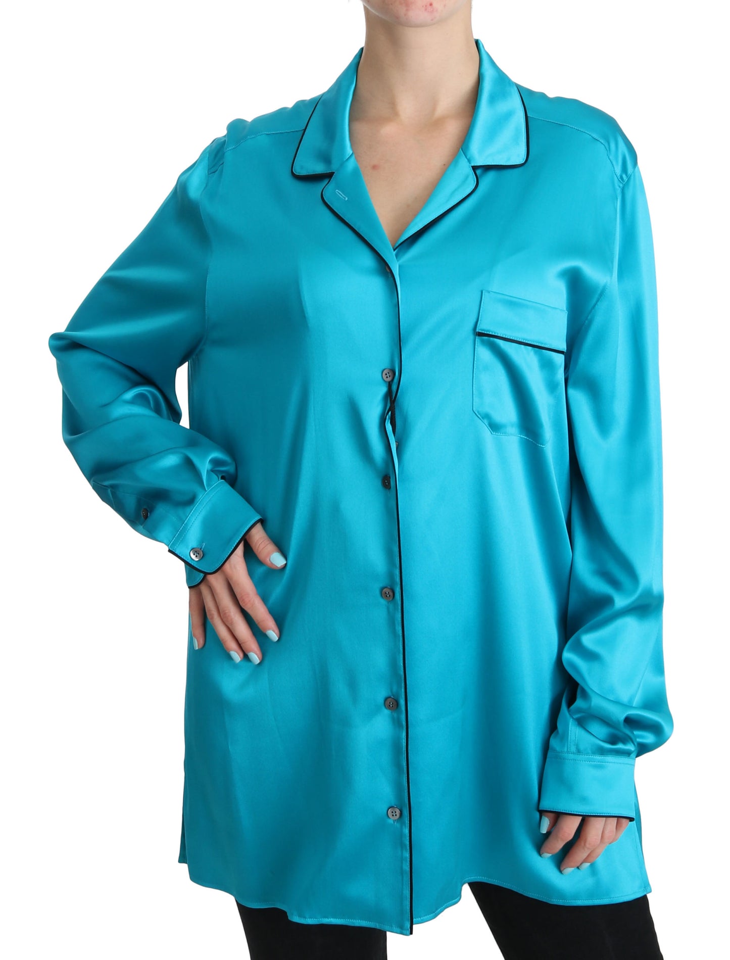 Blaues Hemd-Oberteil Seidenstretch-Pyjamabluse