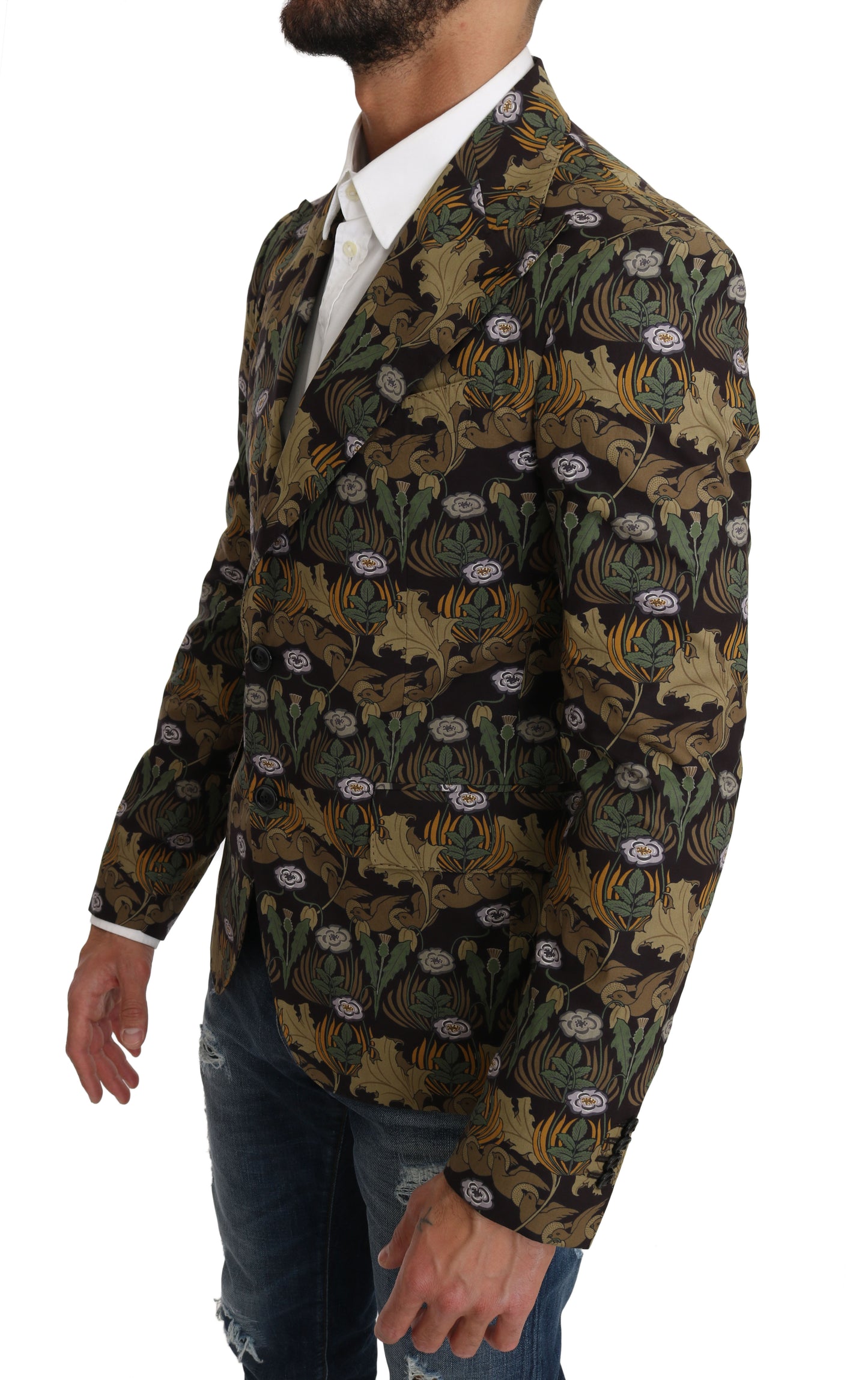 Schwarzer Blazer mit grünem Blättermuster