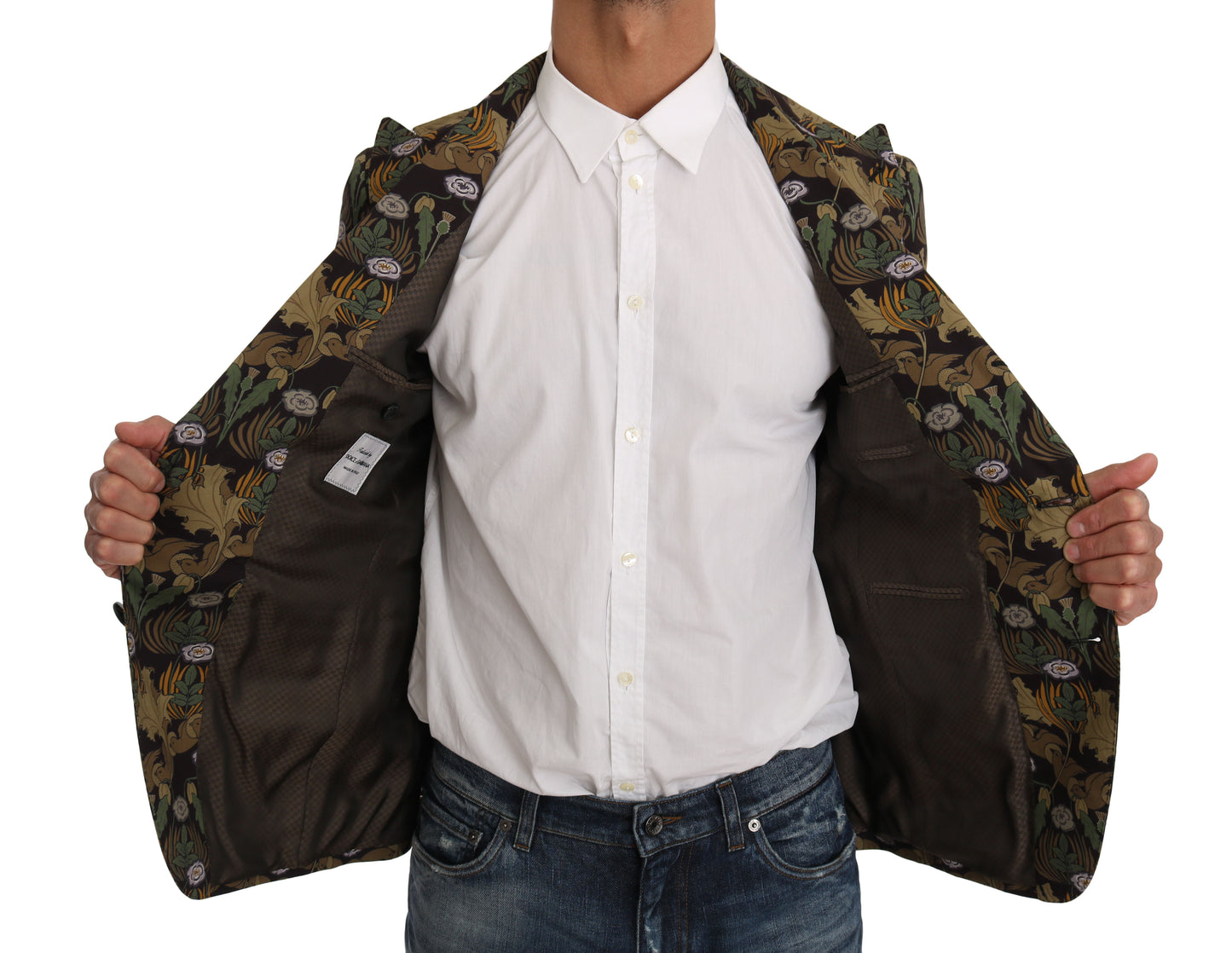 Schwarzer Blazer mit grünem Blättermuster