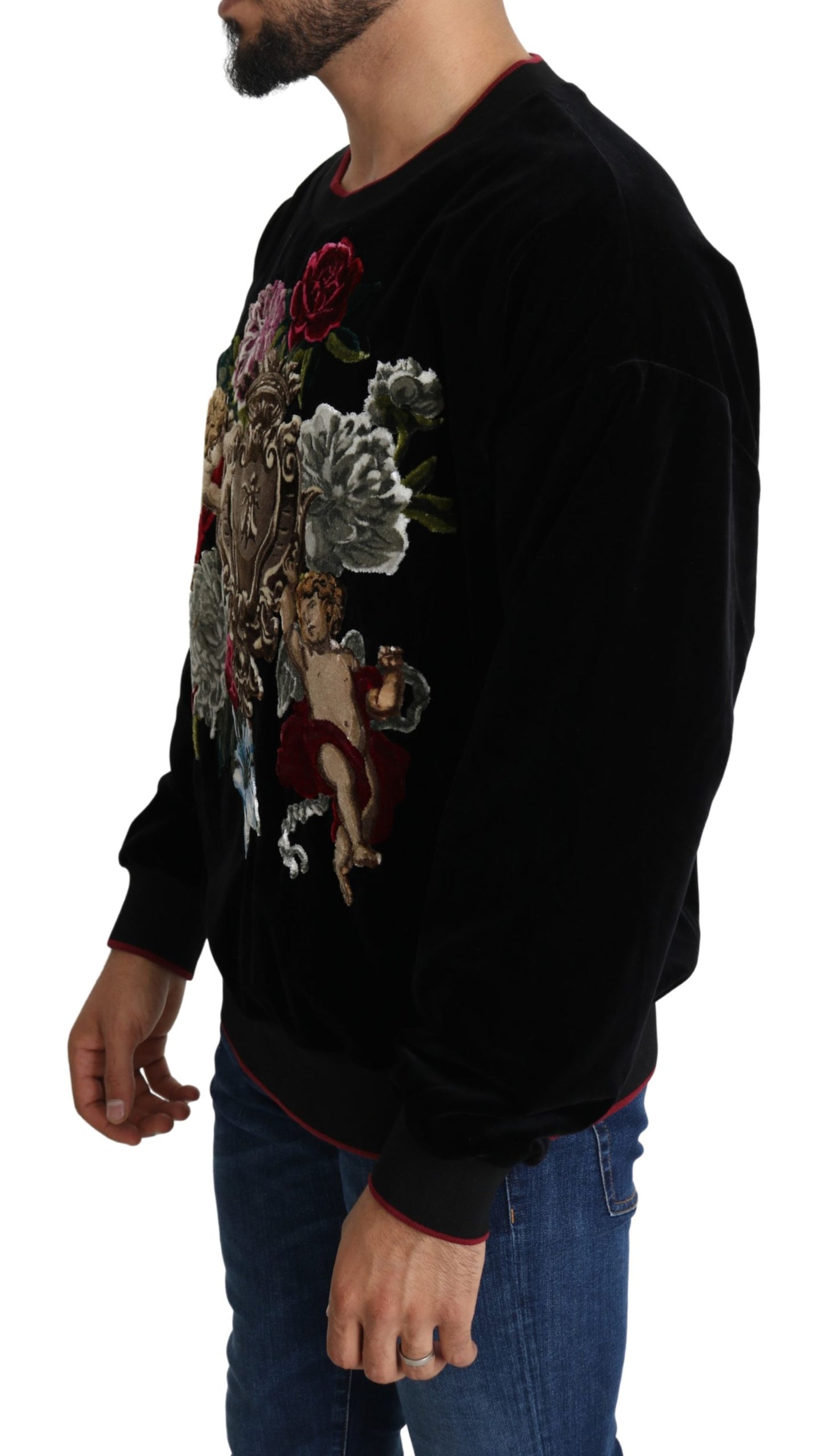 Schwarzer Samt-Engel-Pullover mit Blumen und Bienen