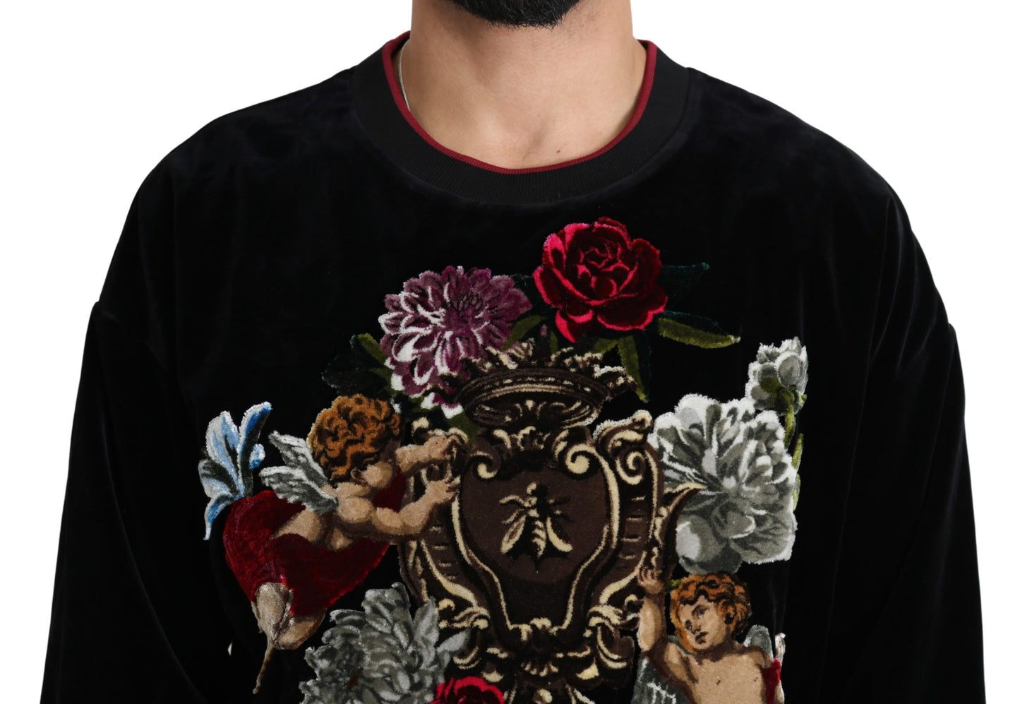 Schwarzer Samt-Engel-Pullover mit Blumen und Bienen