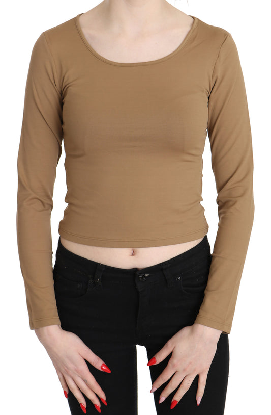 Brauner Rundhalsausschnitt Langärmliges schmales Crop-Top Bluse