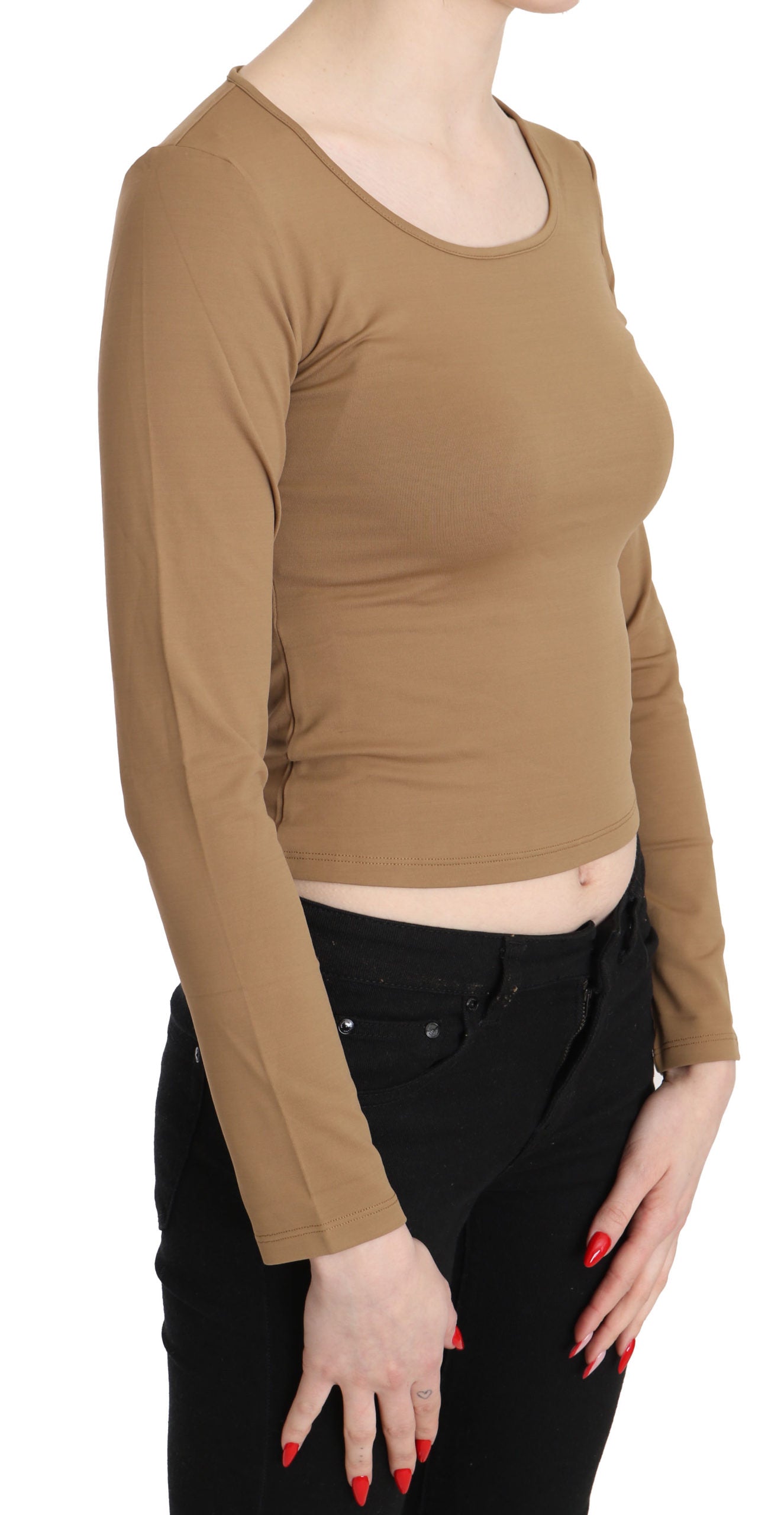 Brauner Rundhalsausschnitt Langärmliges schmales Crop-Top Bluse