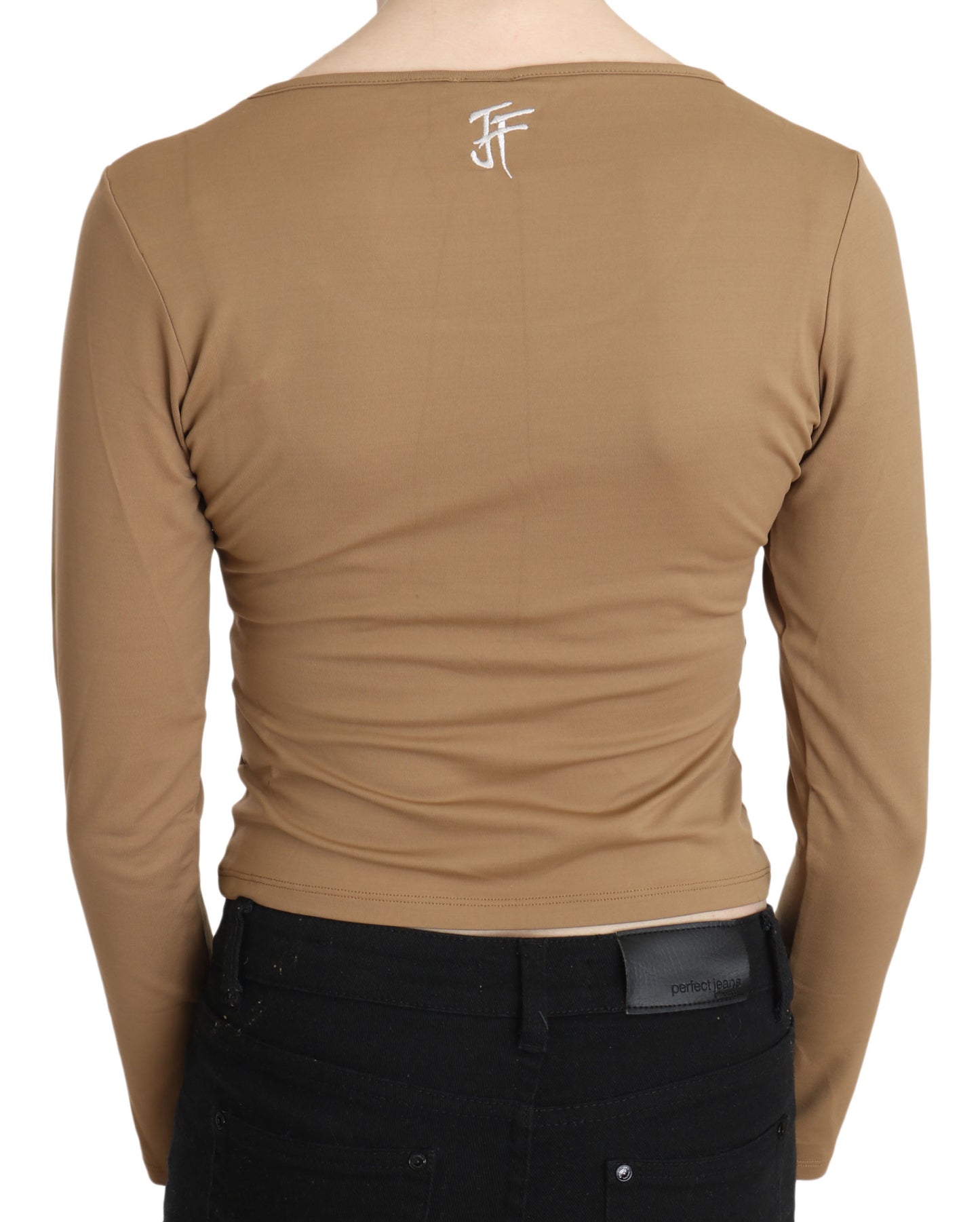 Brauner Rundhalsausschnitt Langärmliges schmales Crop-Top Bluse