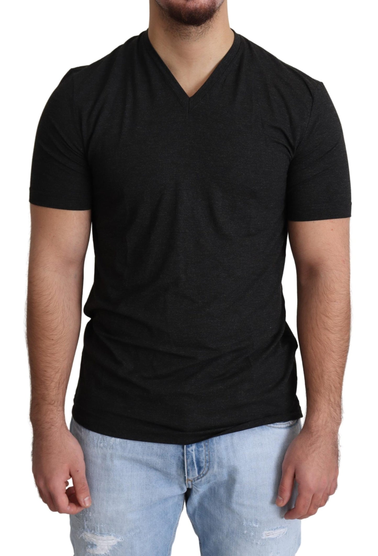 Dunkelgraues Modal-T-Shirt mit V-Ausschnitt und kurzen Ärmeln