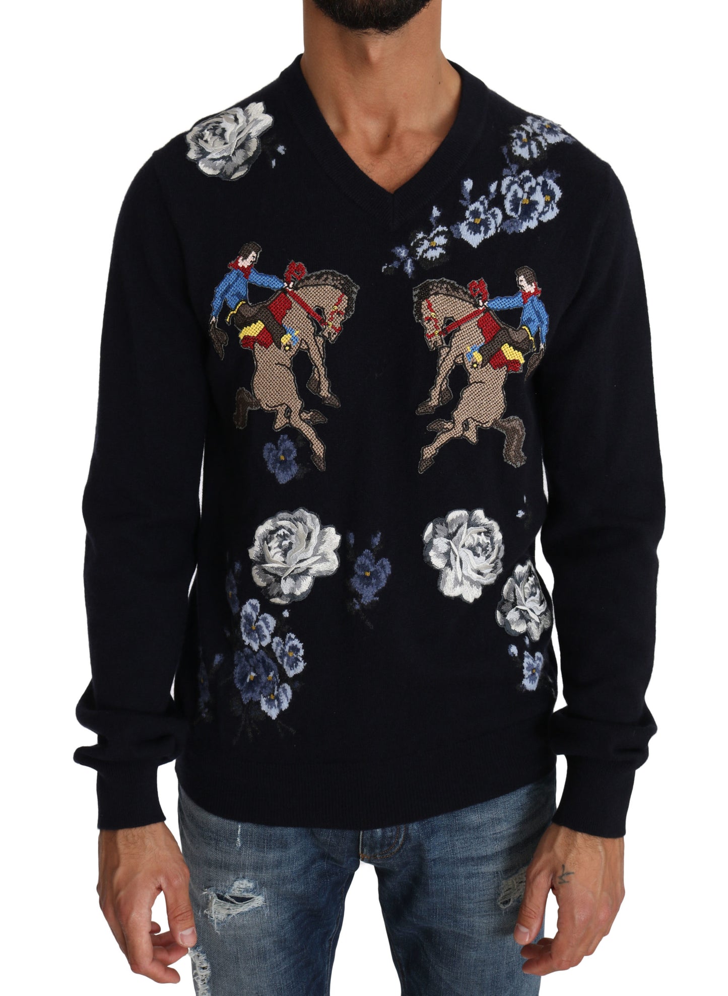 Blauer Cowboy-Rosen Kaschmirpullover mit V-Ausschnitt