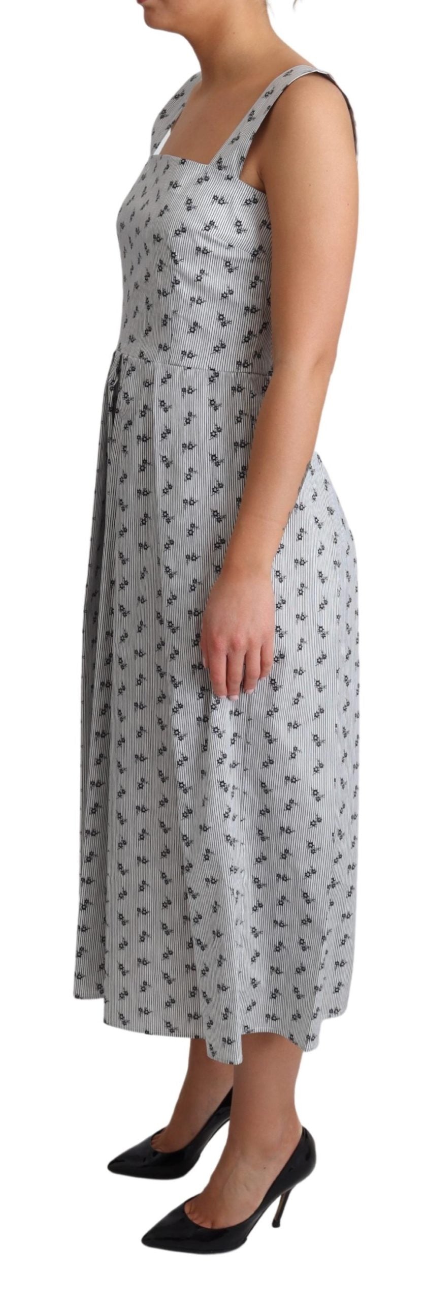 Blau Weiß Geblümtes Baumwollkleid in A-Linie