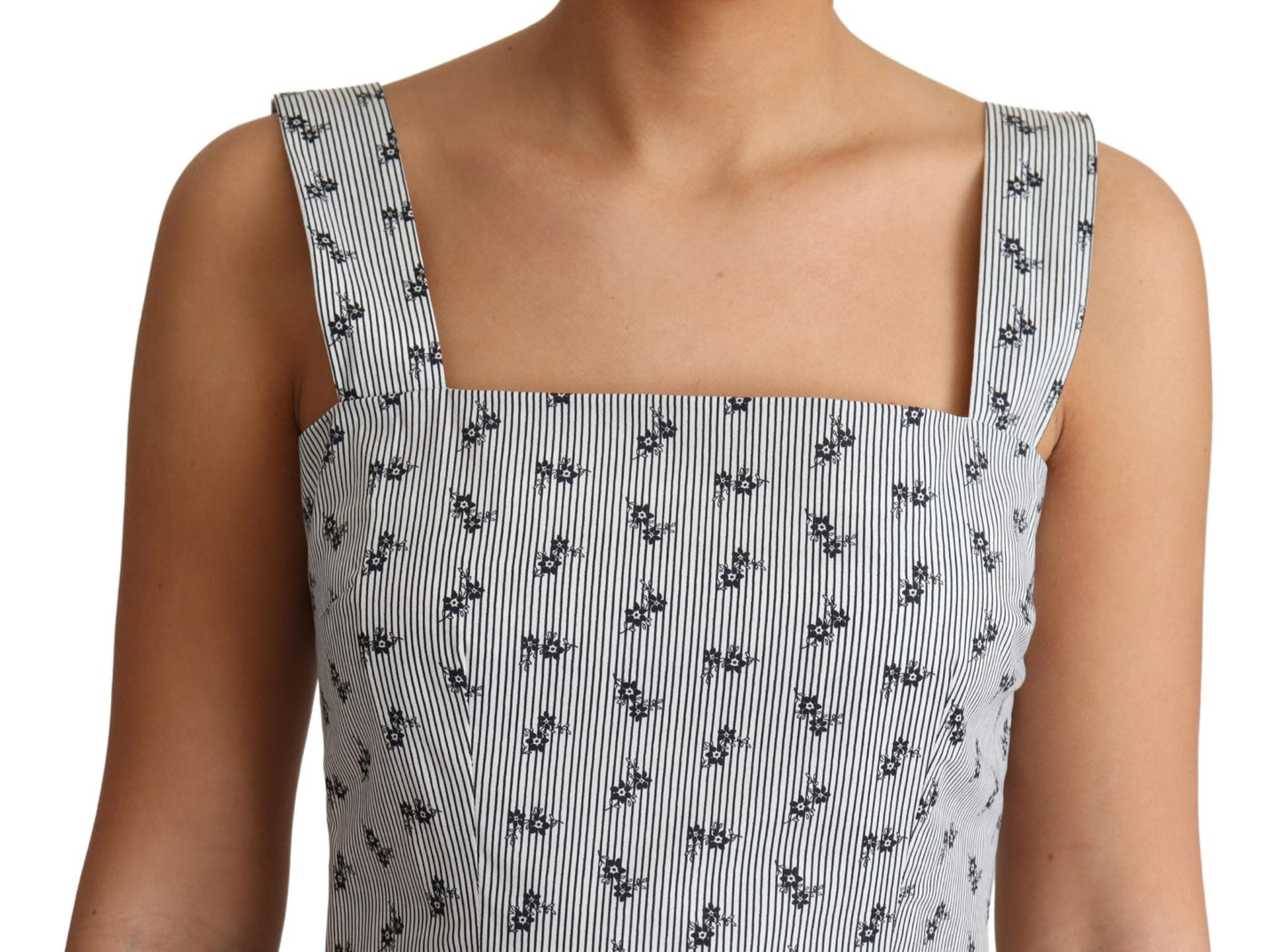 Blau Weiß Geblümtes Baumwollkleid in A-Linie