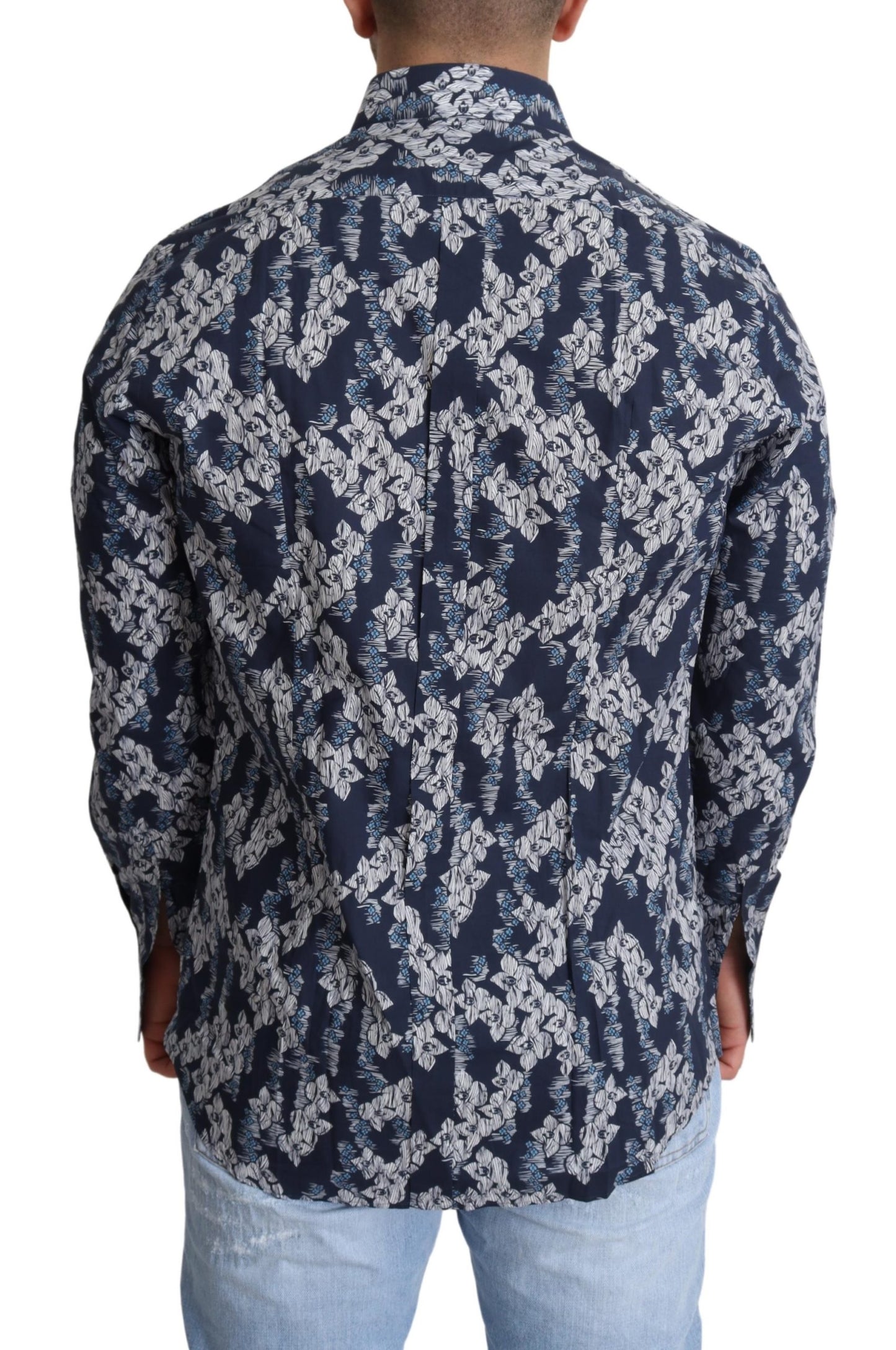 Blaues Hemd mit Blumenmuster aus Baumwolle und Knopfleiste