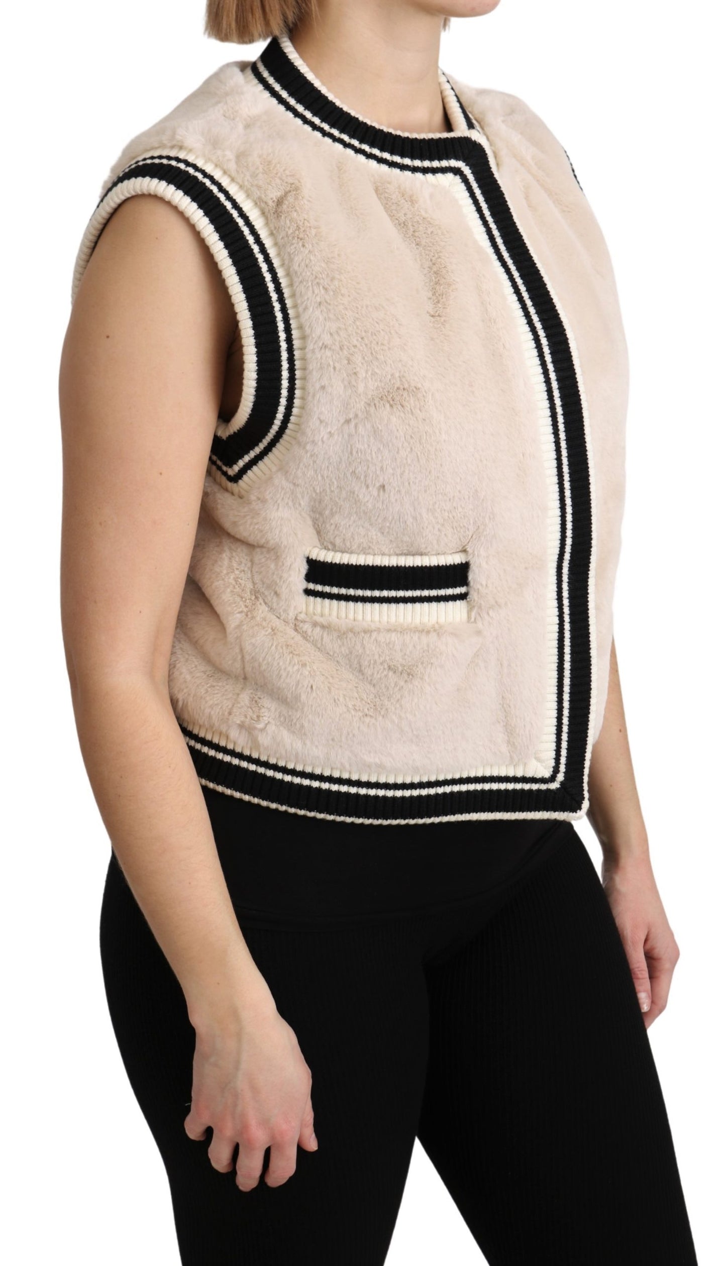 Beige Pelz Ärmellose Weste Polyester Top