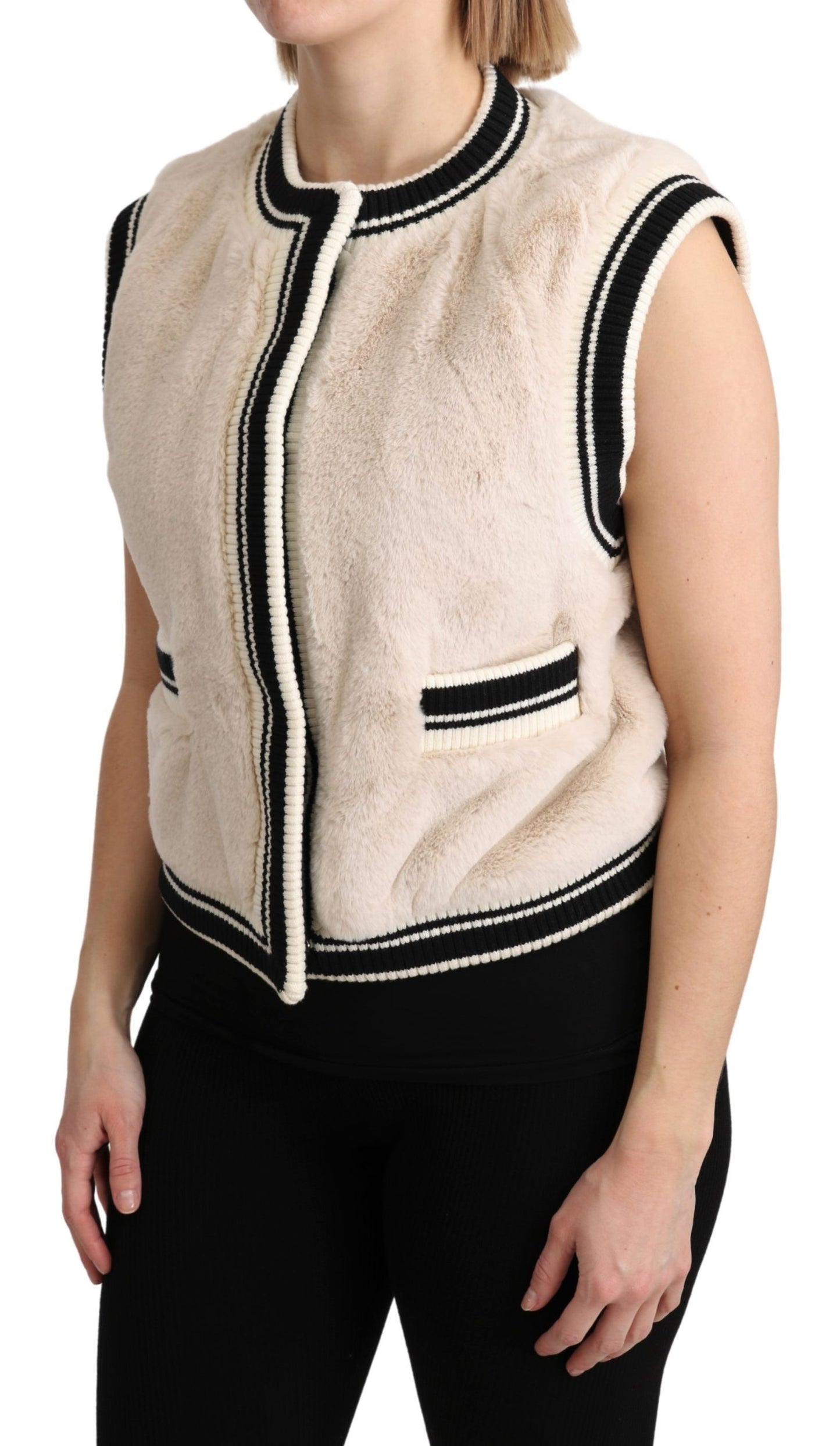 Beige Pelz Ärmellose Weste Polyester Top