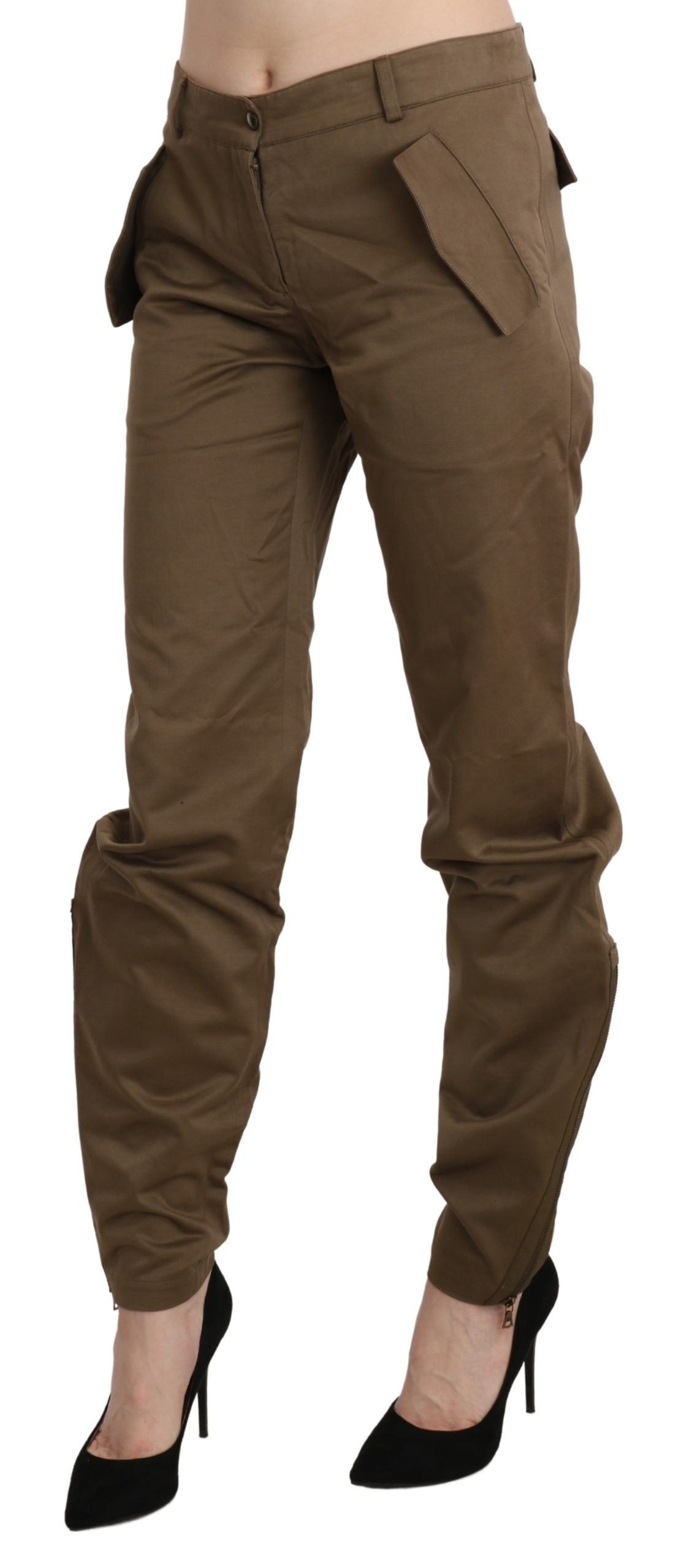 Brown Mid Waist Straight Cotton Pants