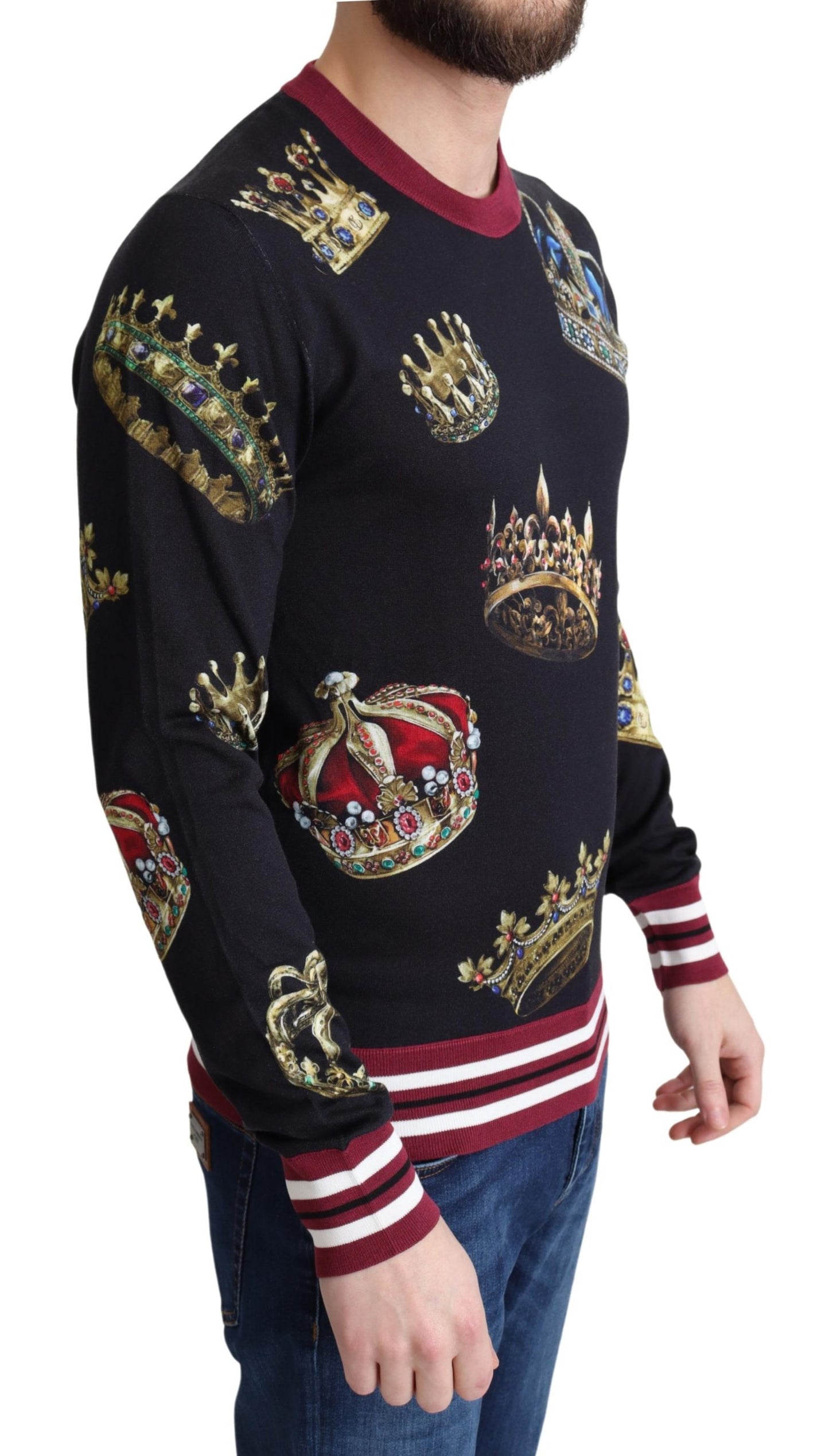 Schwarzer Seidenpullover mit Kronendruck