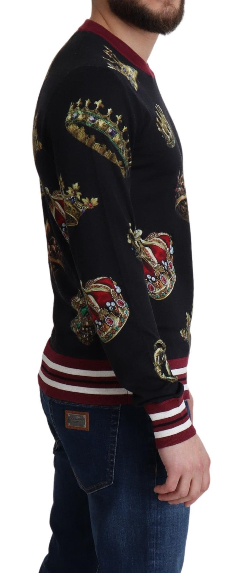 Schwarzer Seidenpullover mit Kronendruck