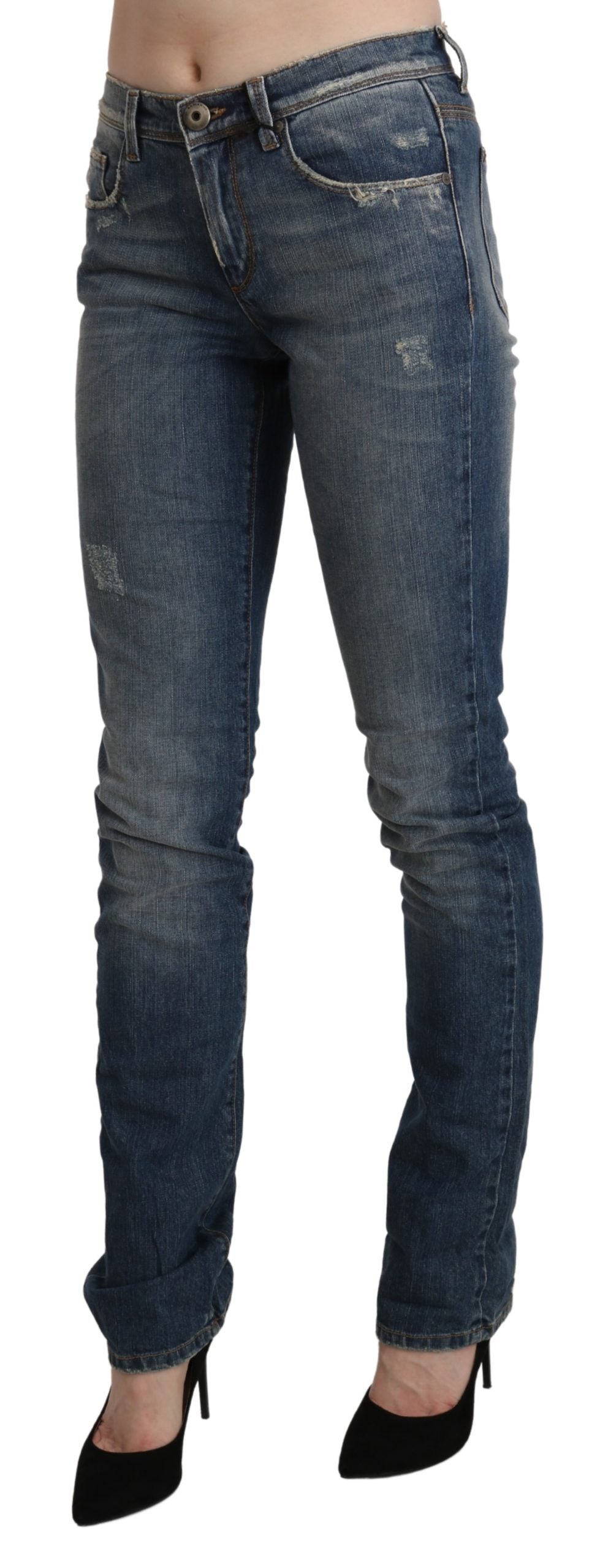 Blau gewaschene Mid Waist Skinny Denim Jeans