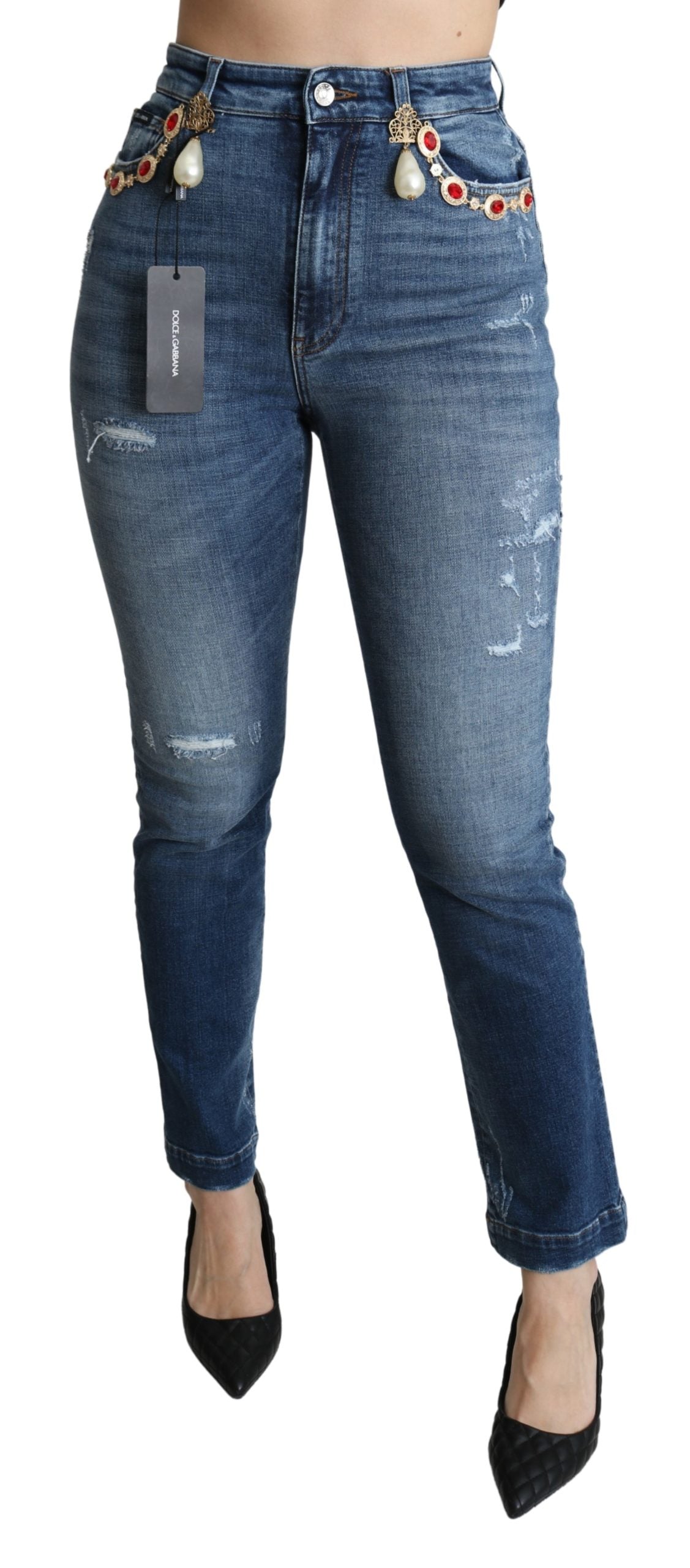 Blaue kristallverzierte Slim Fit Hose Jeans