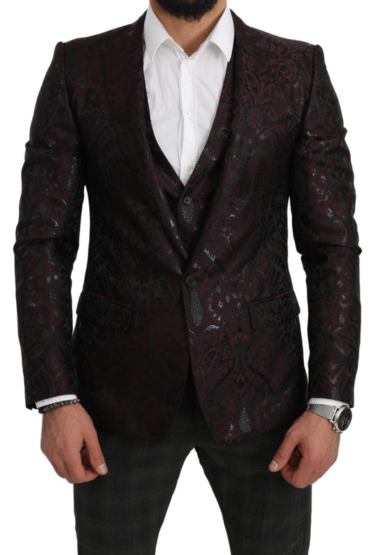 Schwarzer Bordeaux Jacquard Floral Slim Fit Blazer