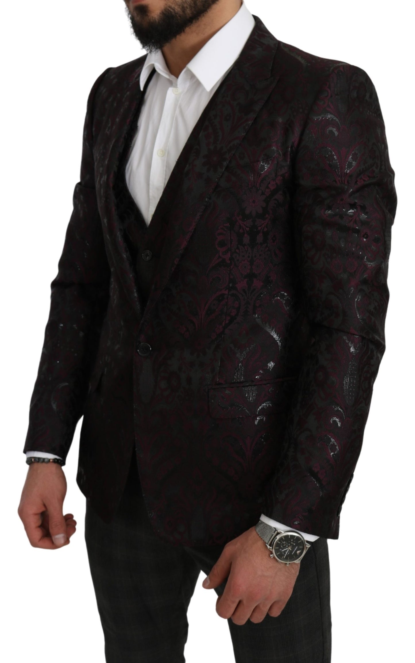 Schwarzer Bordeaux Jacquard Floral Slim Fit Blazer