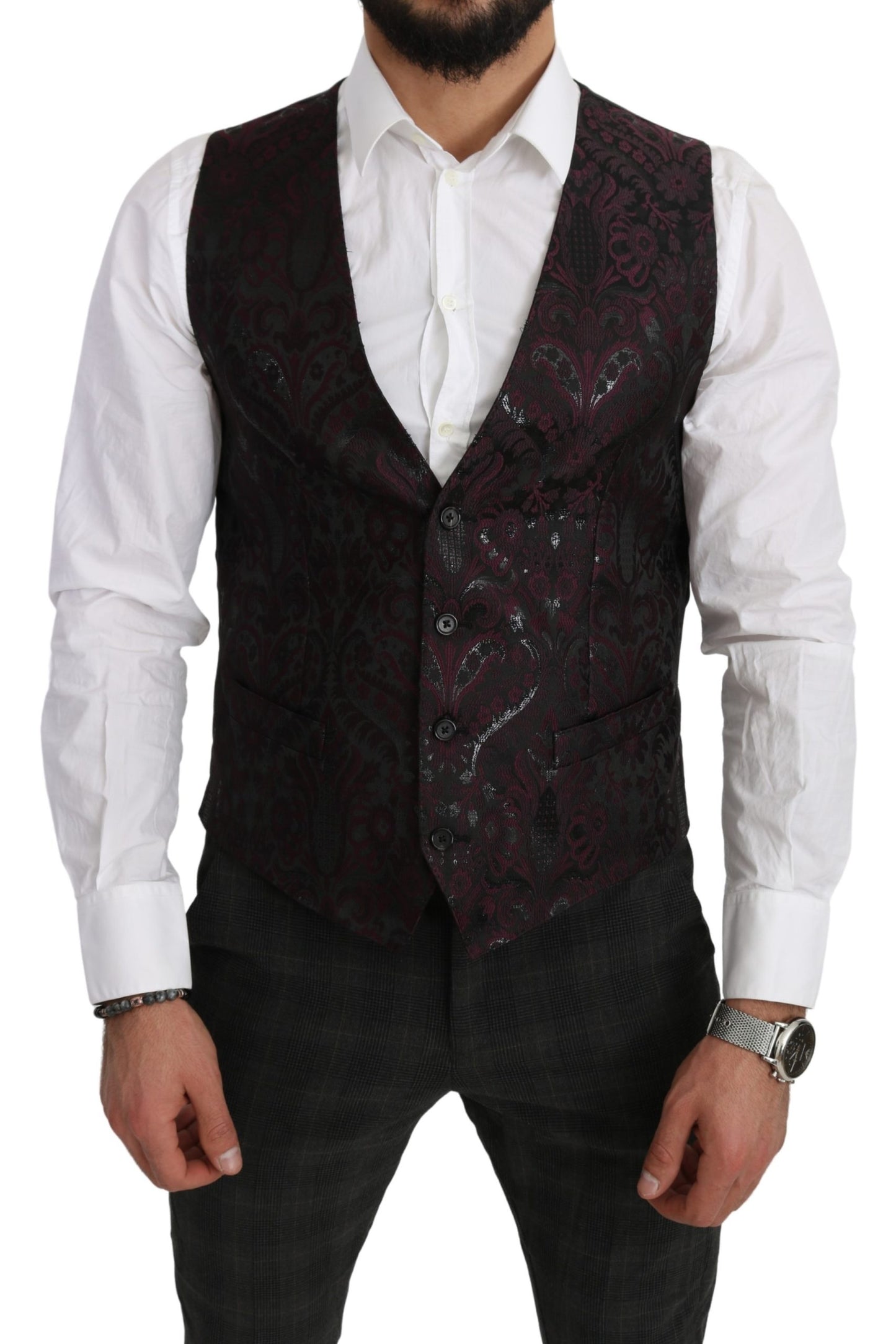 Schwarzer Bordeaux Jacquard Floral Slim Fit Blazer