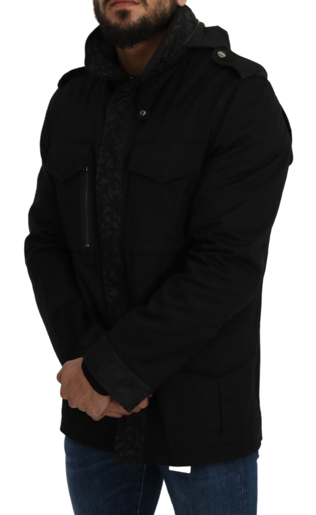 Schwarzer solider Jacquard-Mantel Jacke mit Kapuze